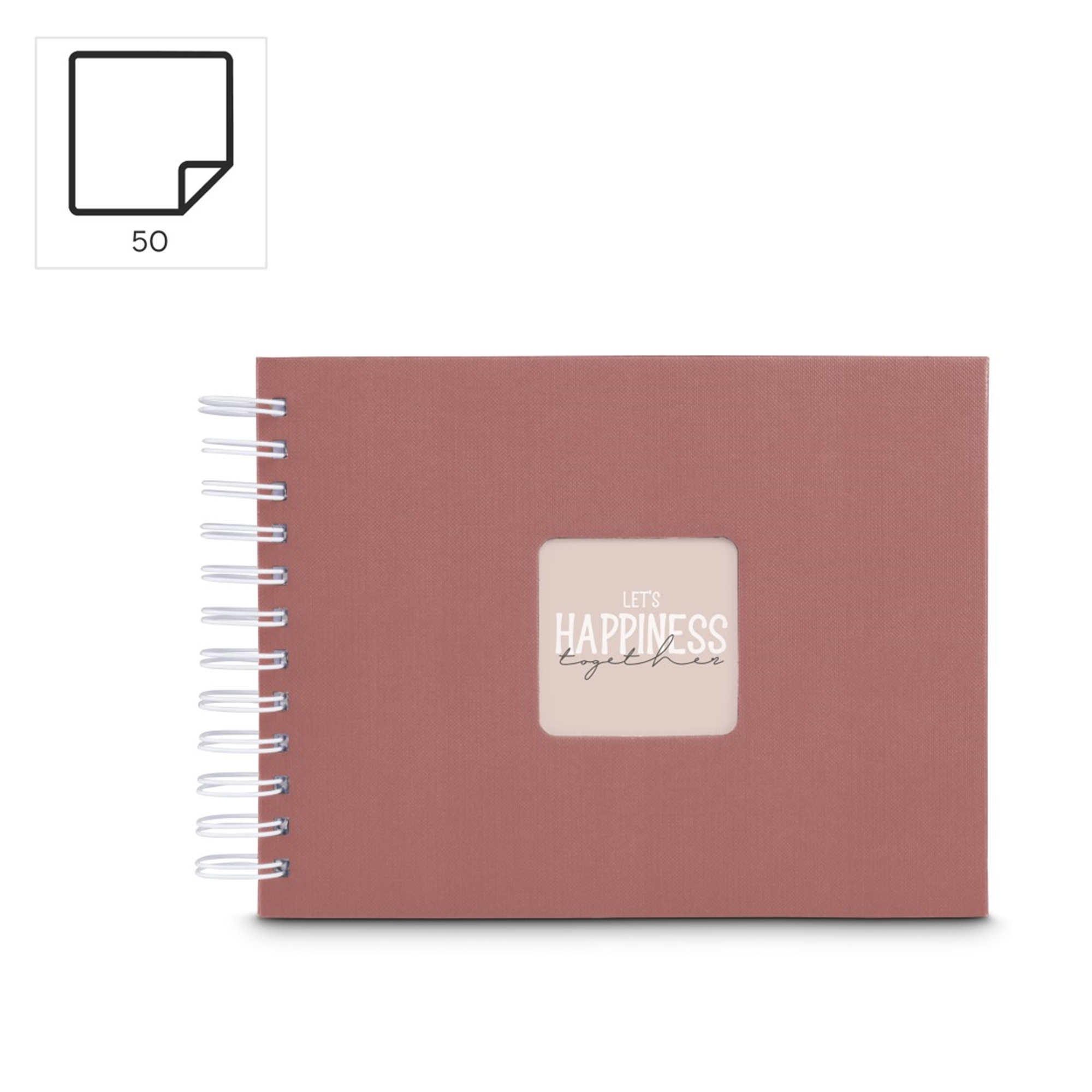 Różowy album b spiralnej z oknem z napisem 'Let's Happiness Together'.
