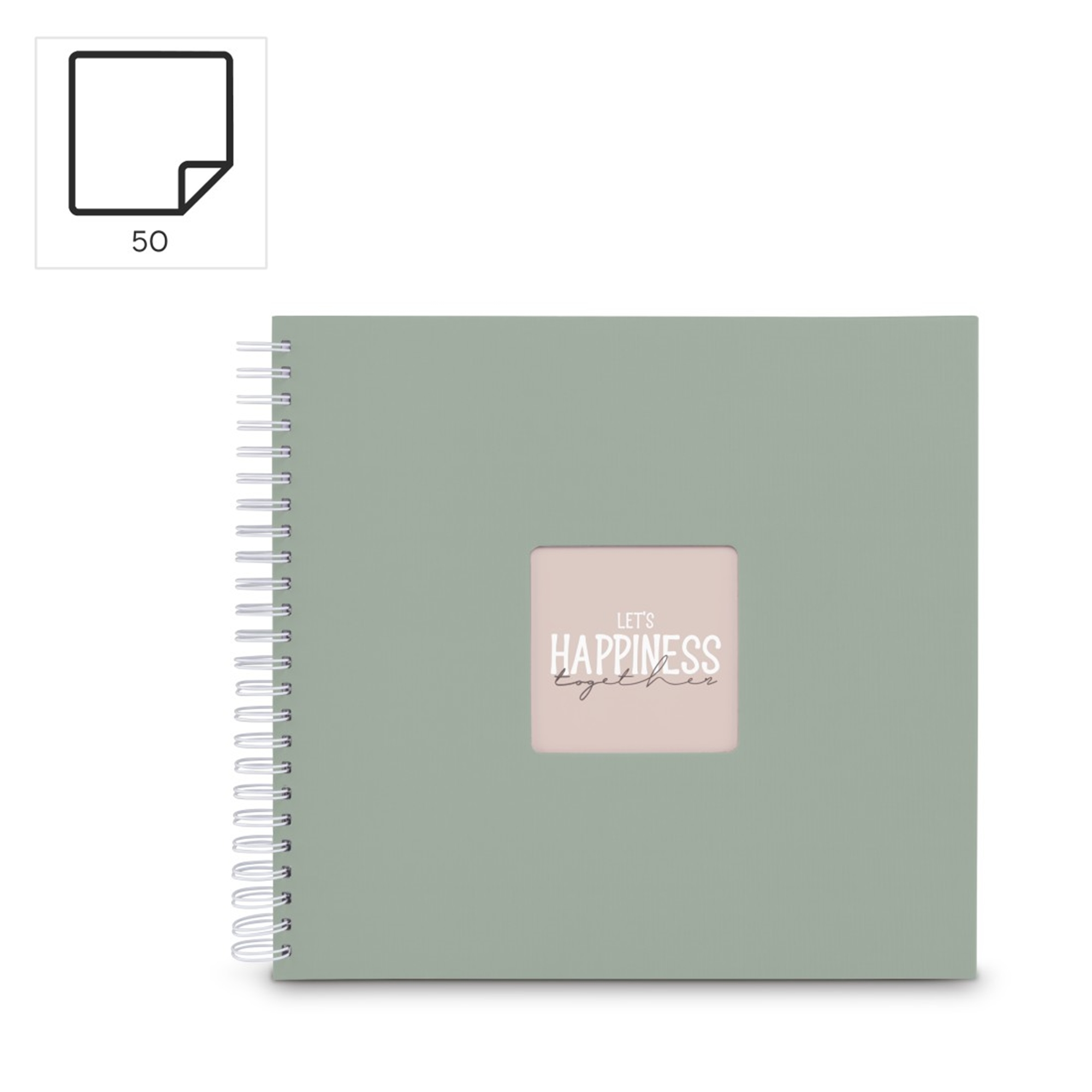 Zielony notatnik bindowany spiralą z napisem 'Let's Happiness Together'.