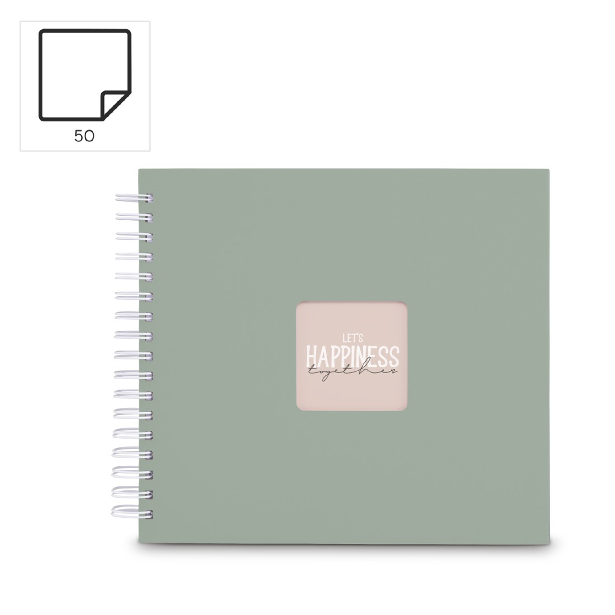 Zielony album na spirali z różowym okienkiem. Mieści 50 stron.