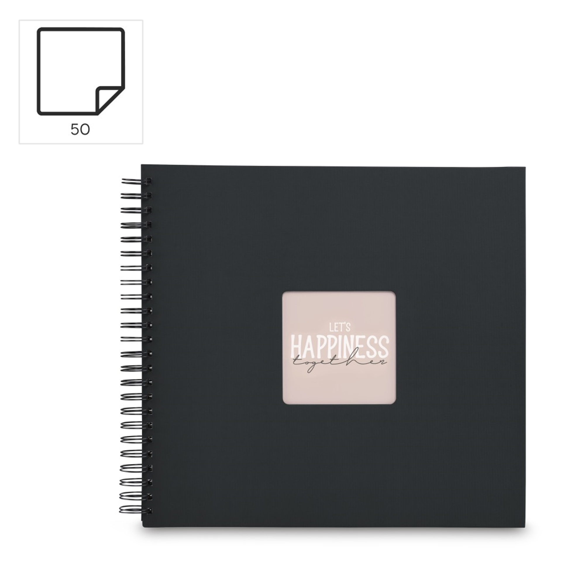 Czarny album na spirali z 50 stronami i oknem z napisem 'LET'S HAPPINESS TOGETHER'.