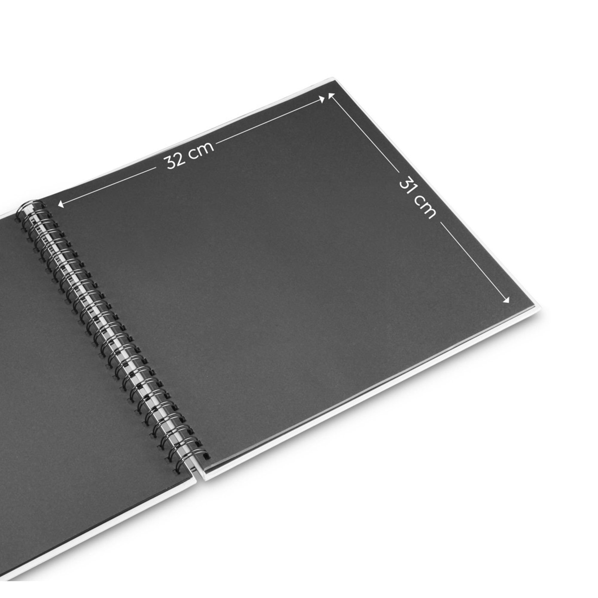 Otwarty notatnik spiralny z szarymi stronami. Wymiary: 32x31 cm.