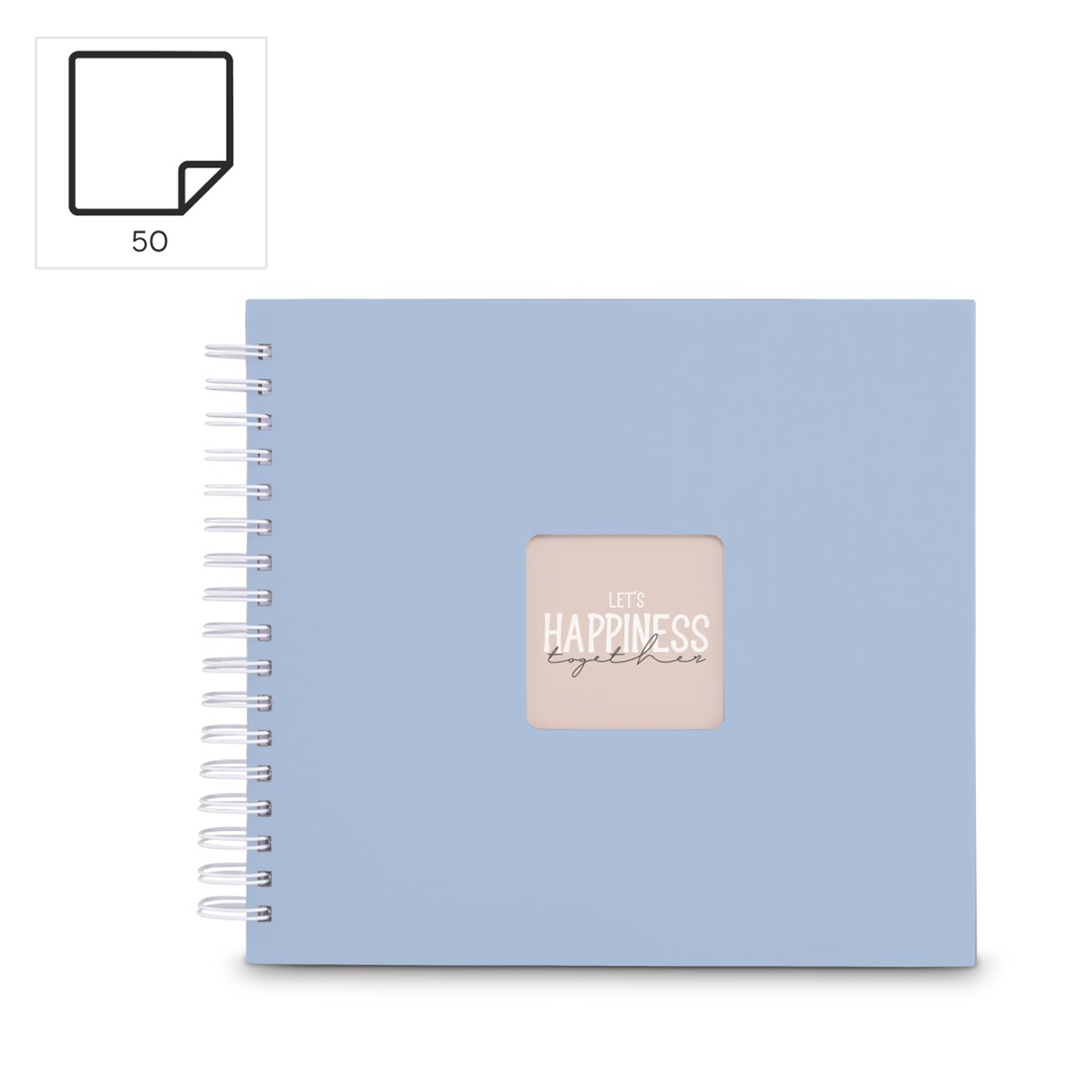 Jasnoniebieski notatnik b spiralą z napisem "LET'S HAPPINESS together".
