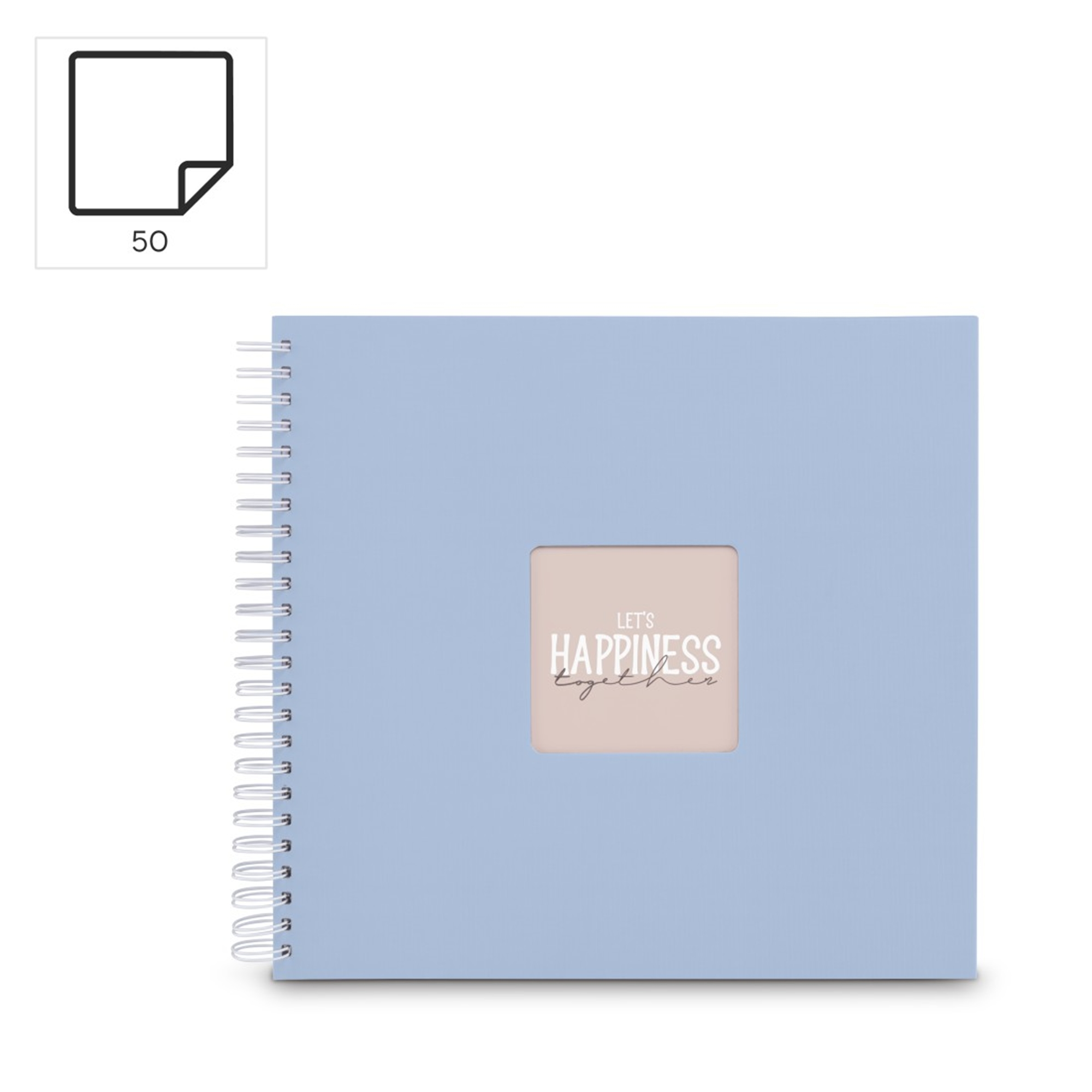Jasnoniebieski notatnik bindowany spiralnie z napisem 'Let's Happiness Together'.