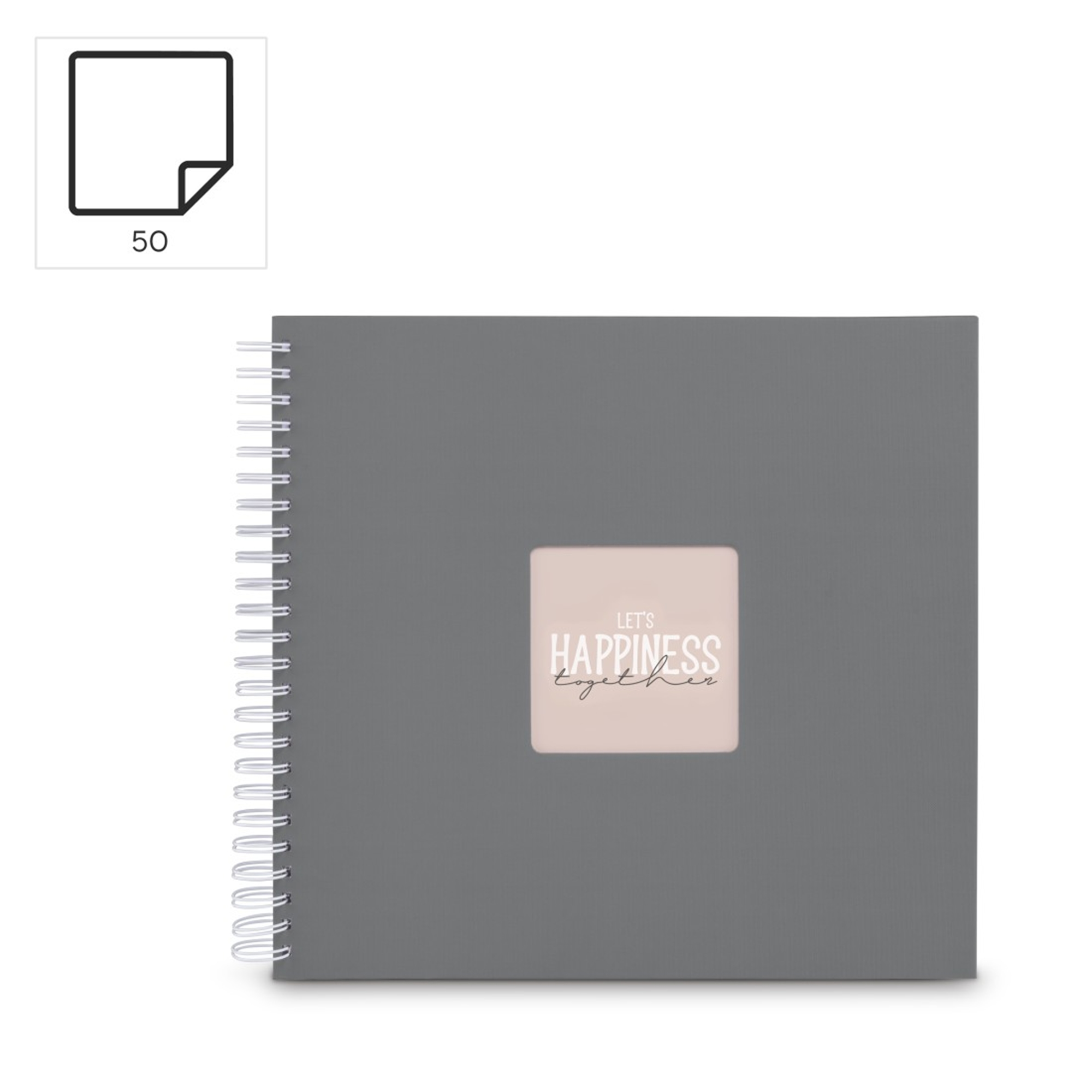 Szary notes z grzbietem spiralnym i oknem z tekstem.