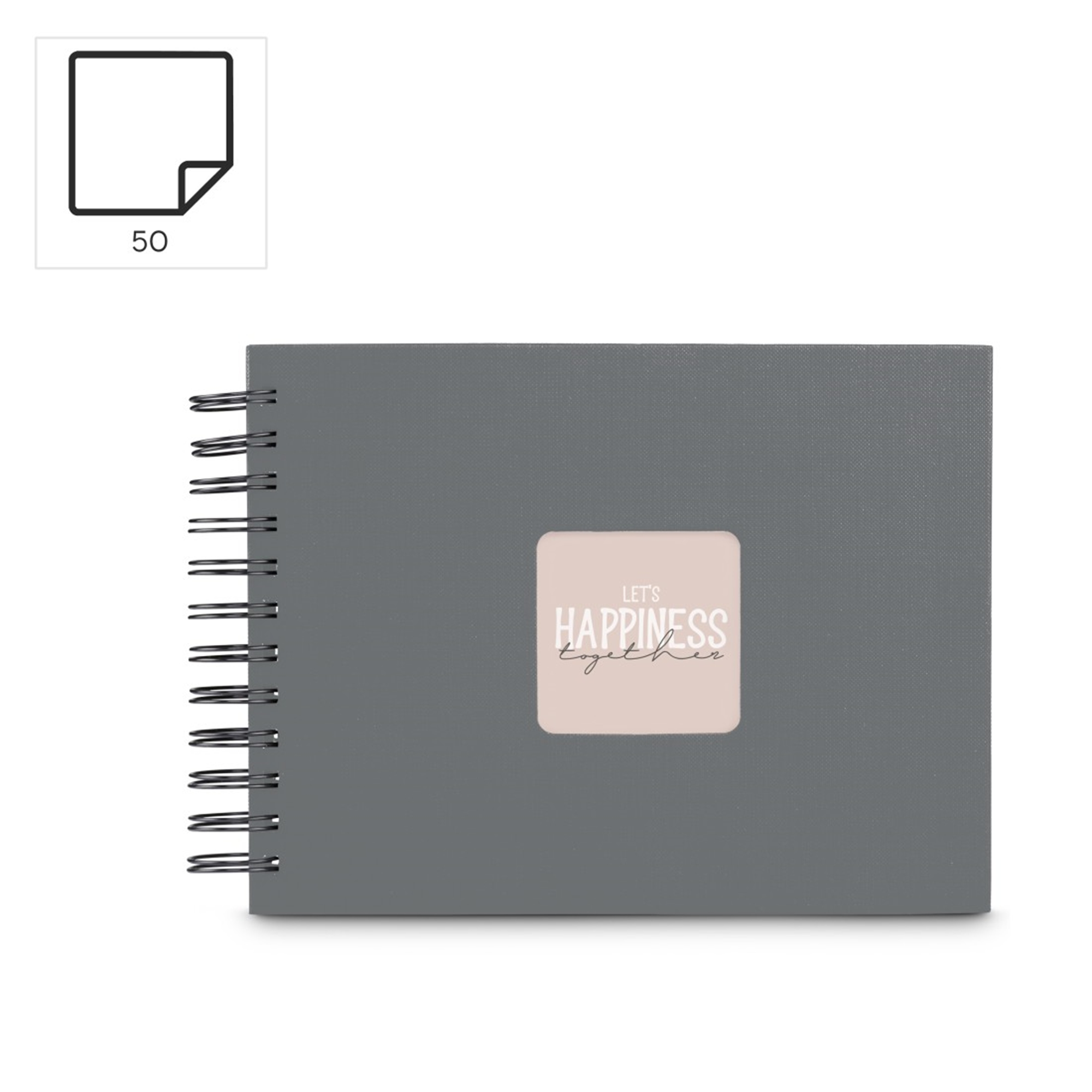 Szara książka na spirali z napisem „Let's Happiness Together”.