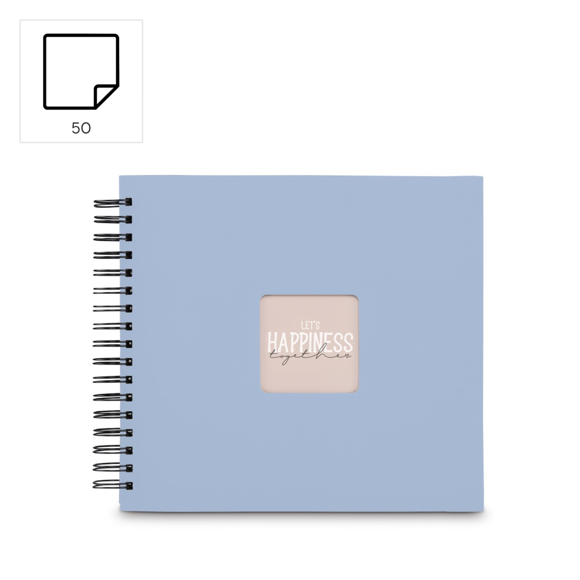 Jasnoniebieski album b spiralę z miejscem na zdjęcie z napisem "Let's Happiness Together".