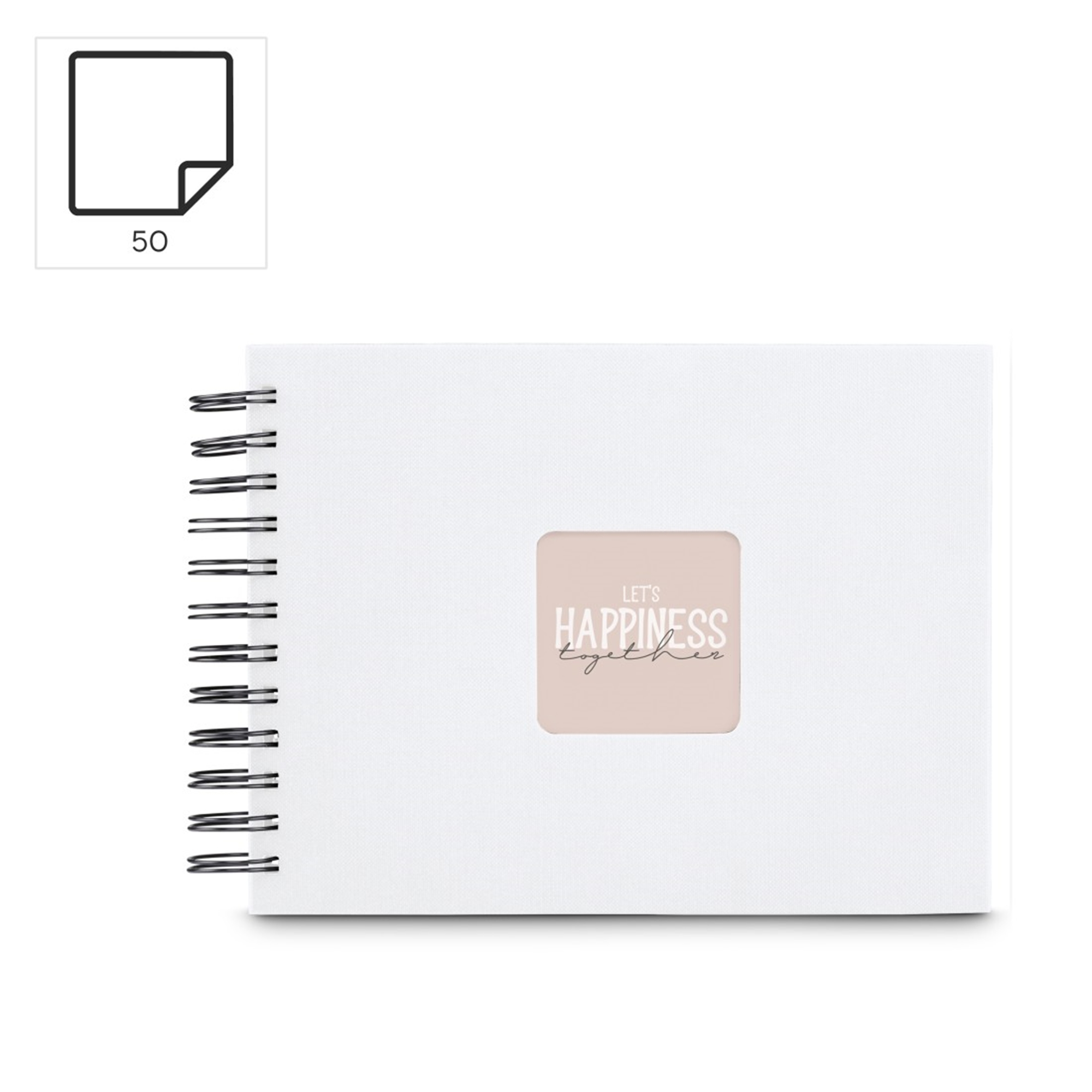 Biały notatnik bindowany spiralą. Okładka ma różowe wycięcie z napisem 'Let's Happiness Together'.