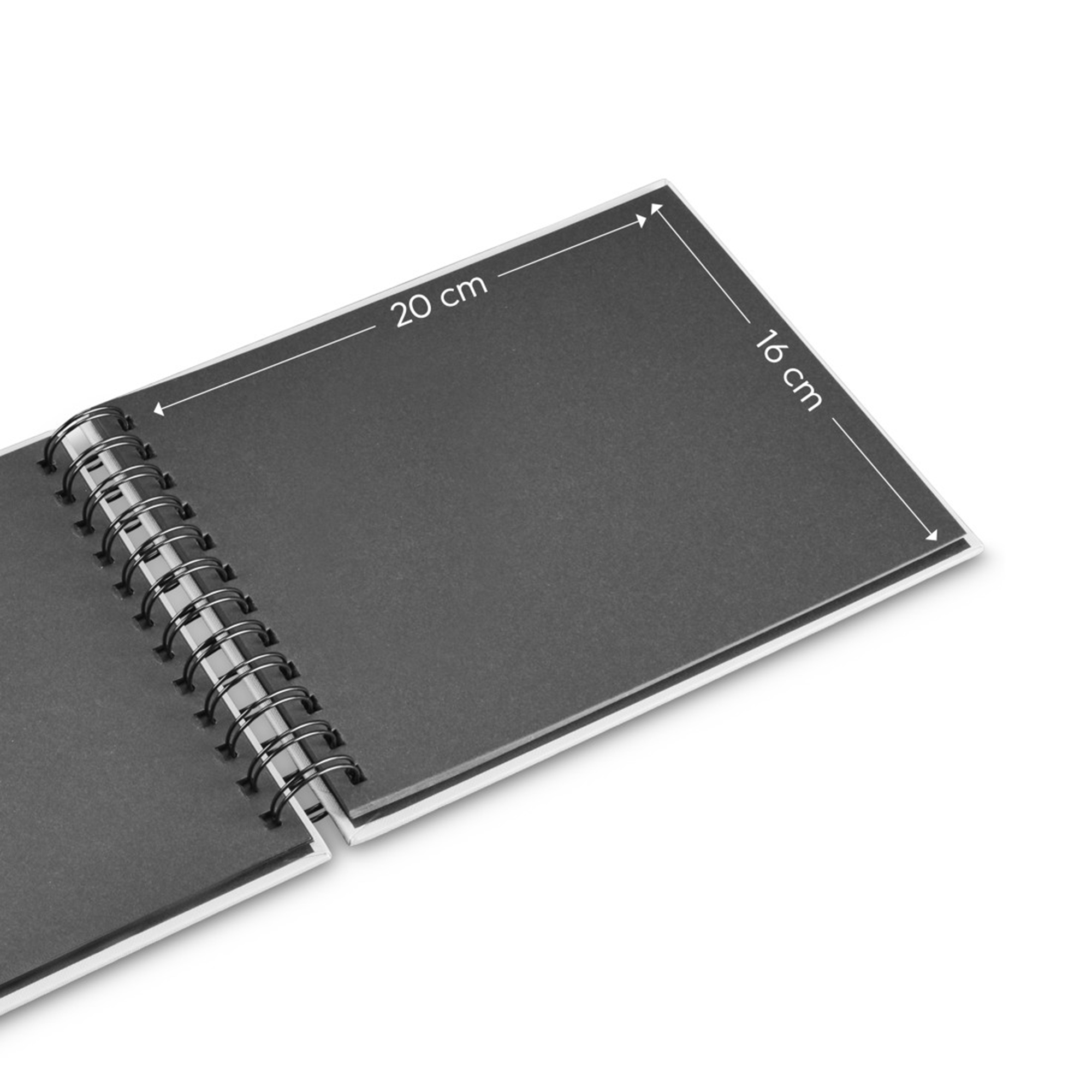 Otwarty notatnik spiralny z ciemnymi stronami, 20x16 cm.