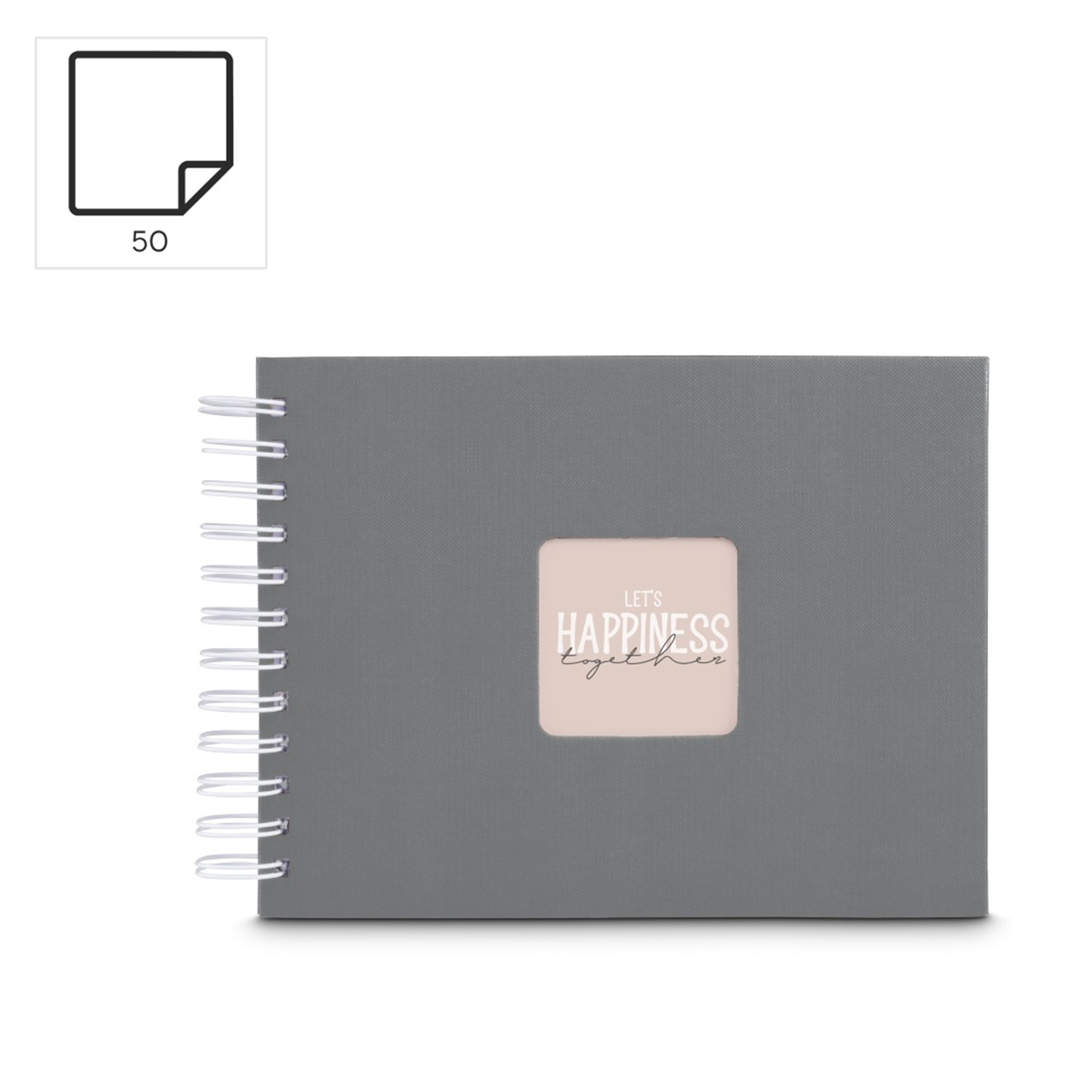 Szara książka ze srebrną spiralą i oknem.