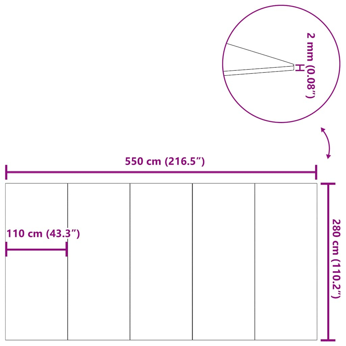 Ein Diagramm zeigt die Maße 550x280 cm, mit einer Unterteilung von 110 cm und einer Dicke von 2 mm.