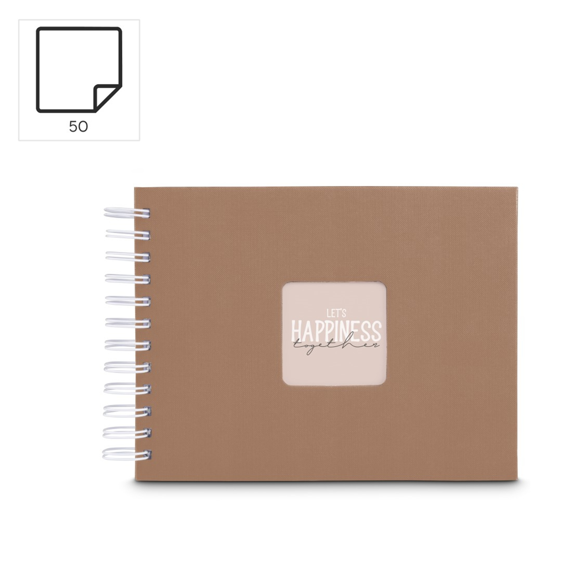 Brązowy notatnik spiralny z okienkiem na zdjęcie na okładce.