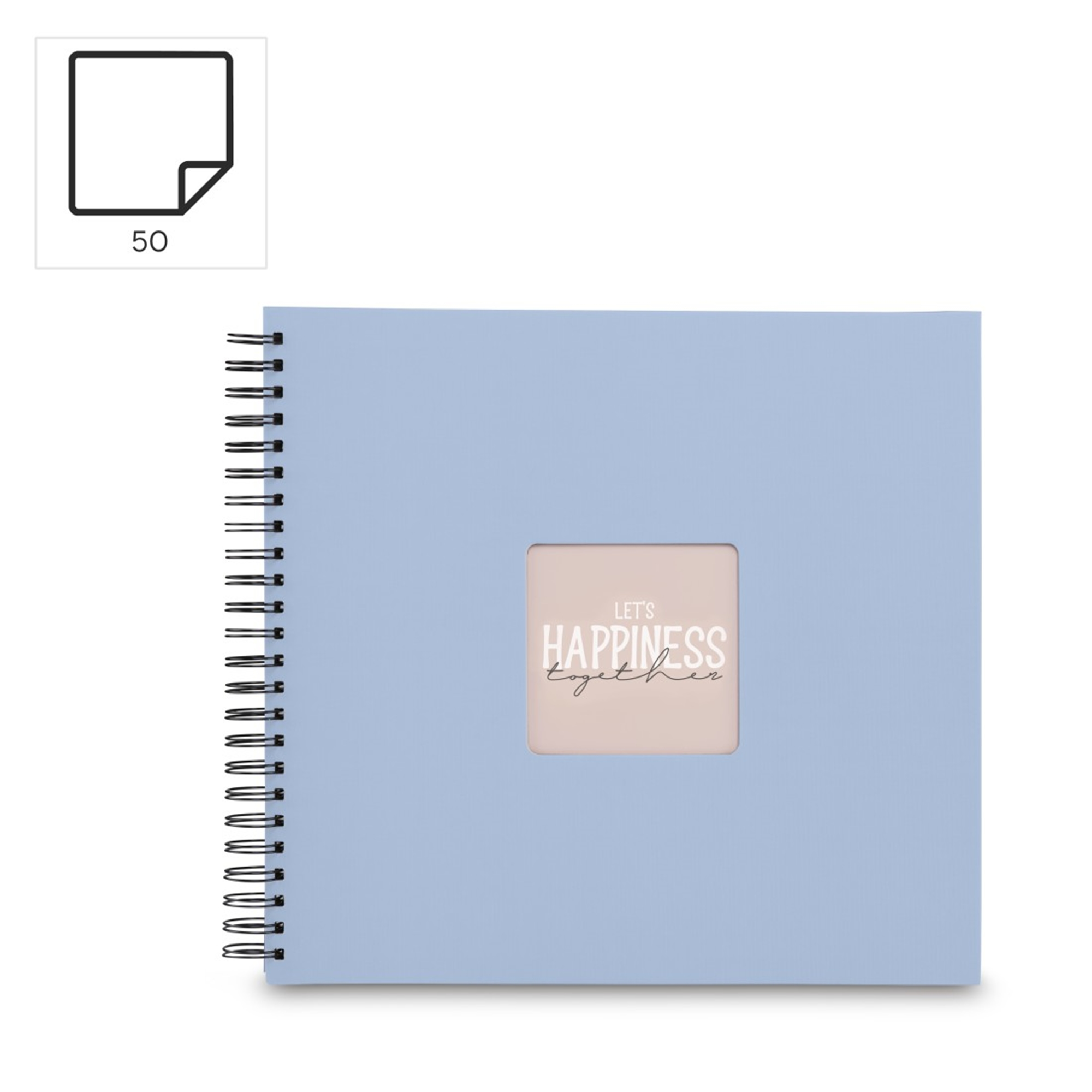 Jasnoniebieski notatnik bindowany spiralą z oknem z napisem "Let's Happiness Together".