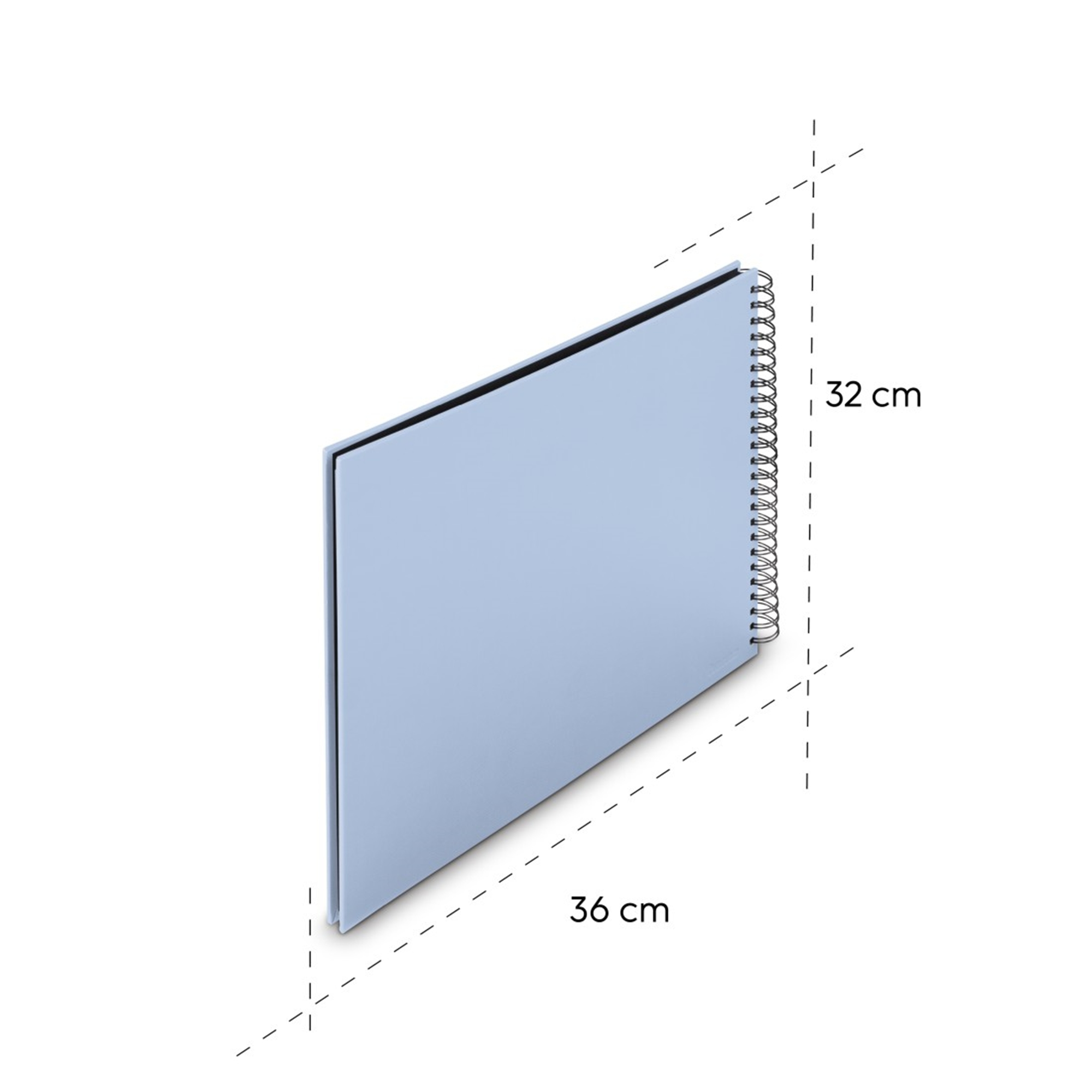 Jasnoniebieski notatnik na spirali, o wymiarach 36x32 cm.