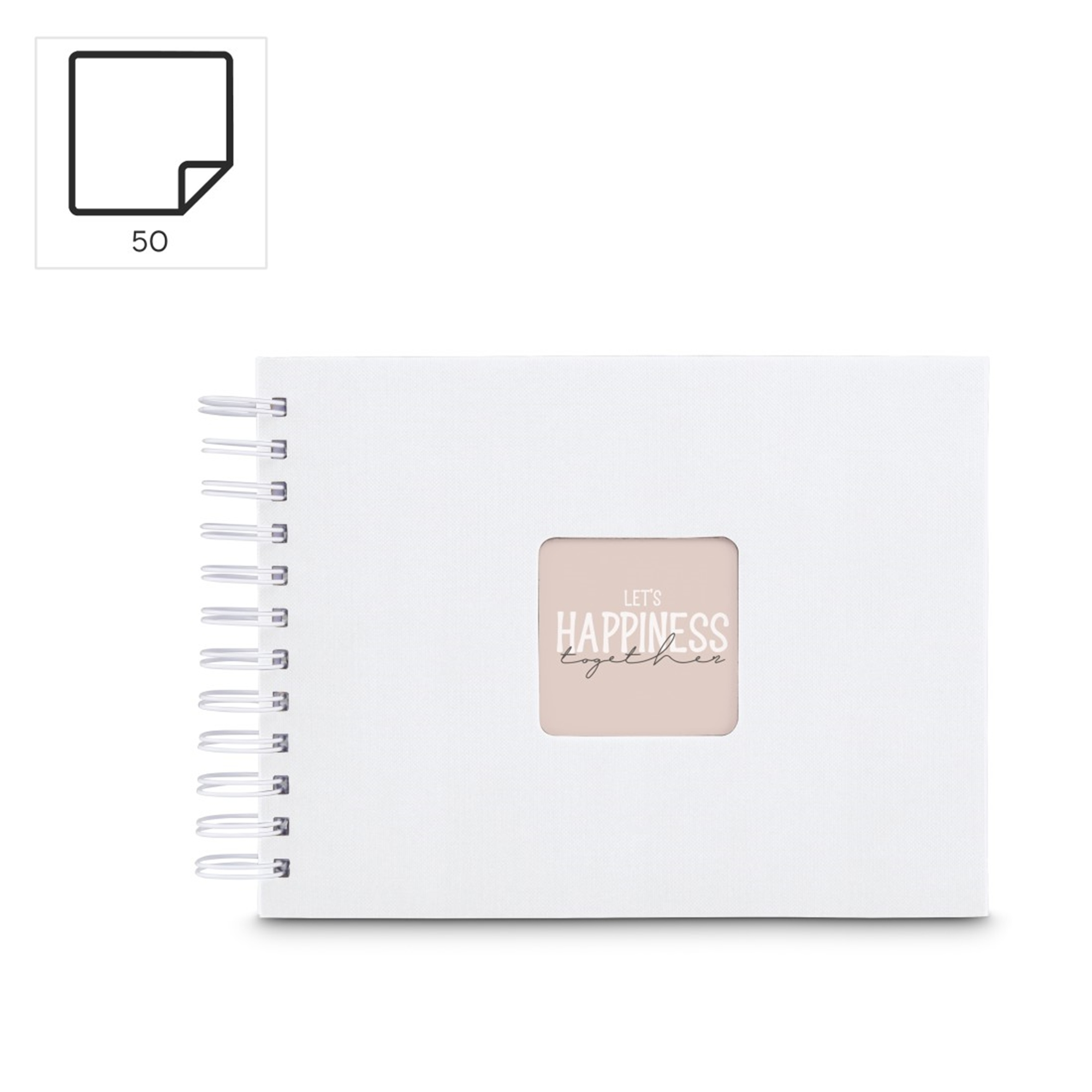 Biały notatnik bindowany spiralnie z oknem na tekst.