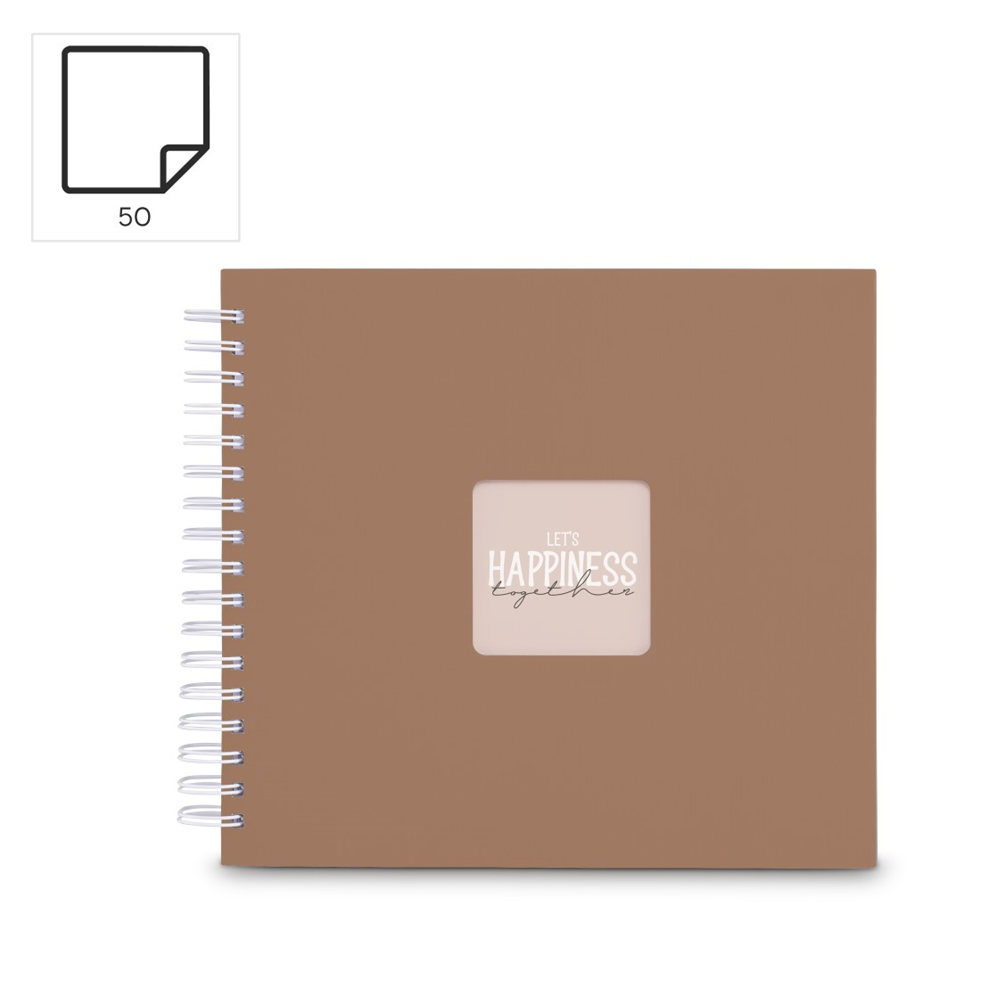 Brązowy notatnik spiralny z okienkiem z napisem „LET'S HAPPINESS TOGETHER”.