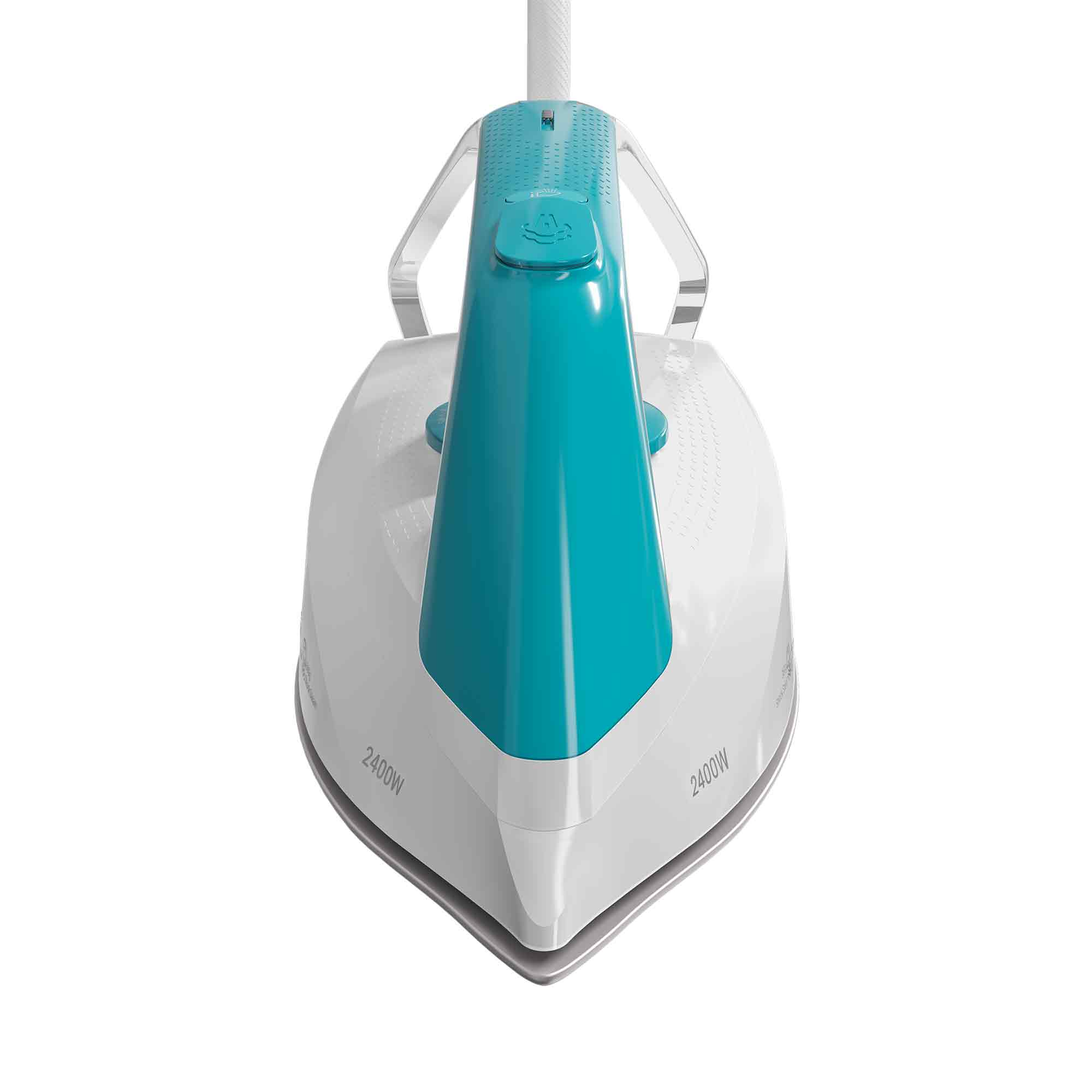 Un ferro da stiro bianco con manico blu petrolio e 2400W.