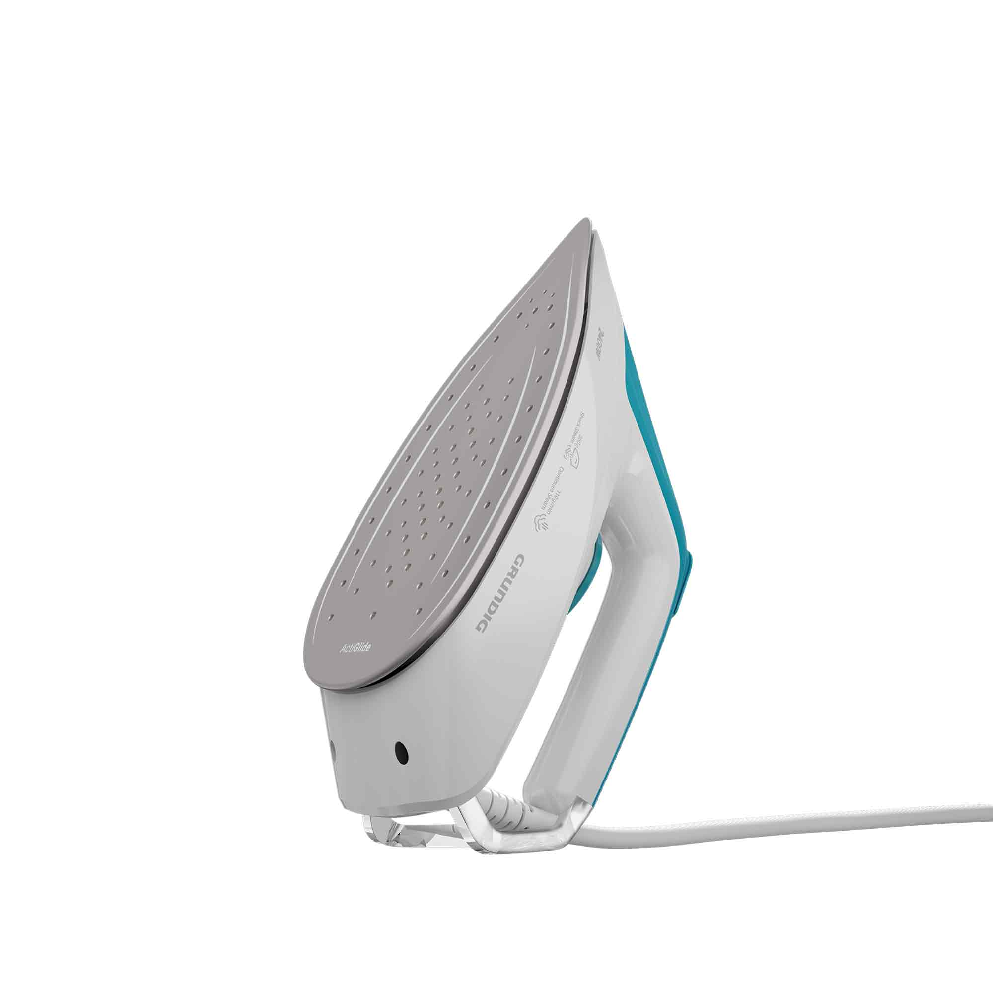 Un ferro da stiro Grundig bianco e blu poggia su un supporto.