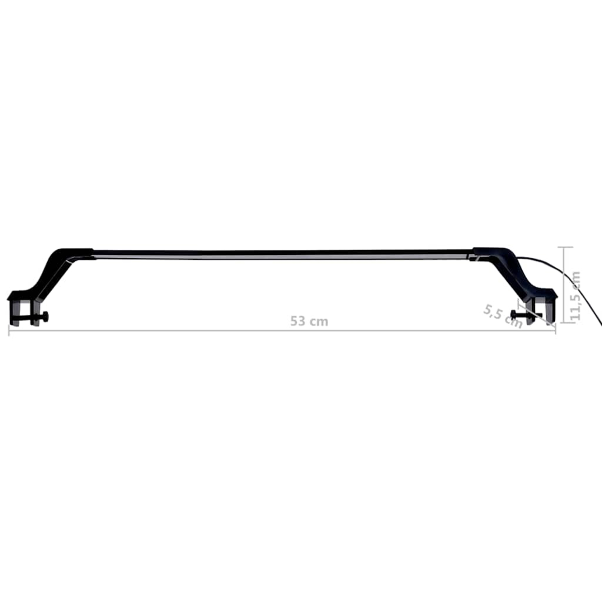 Schwarzer Lampenarm mit Klemmen, 53 cm lang, mit Maßangaben.