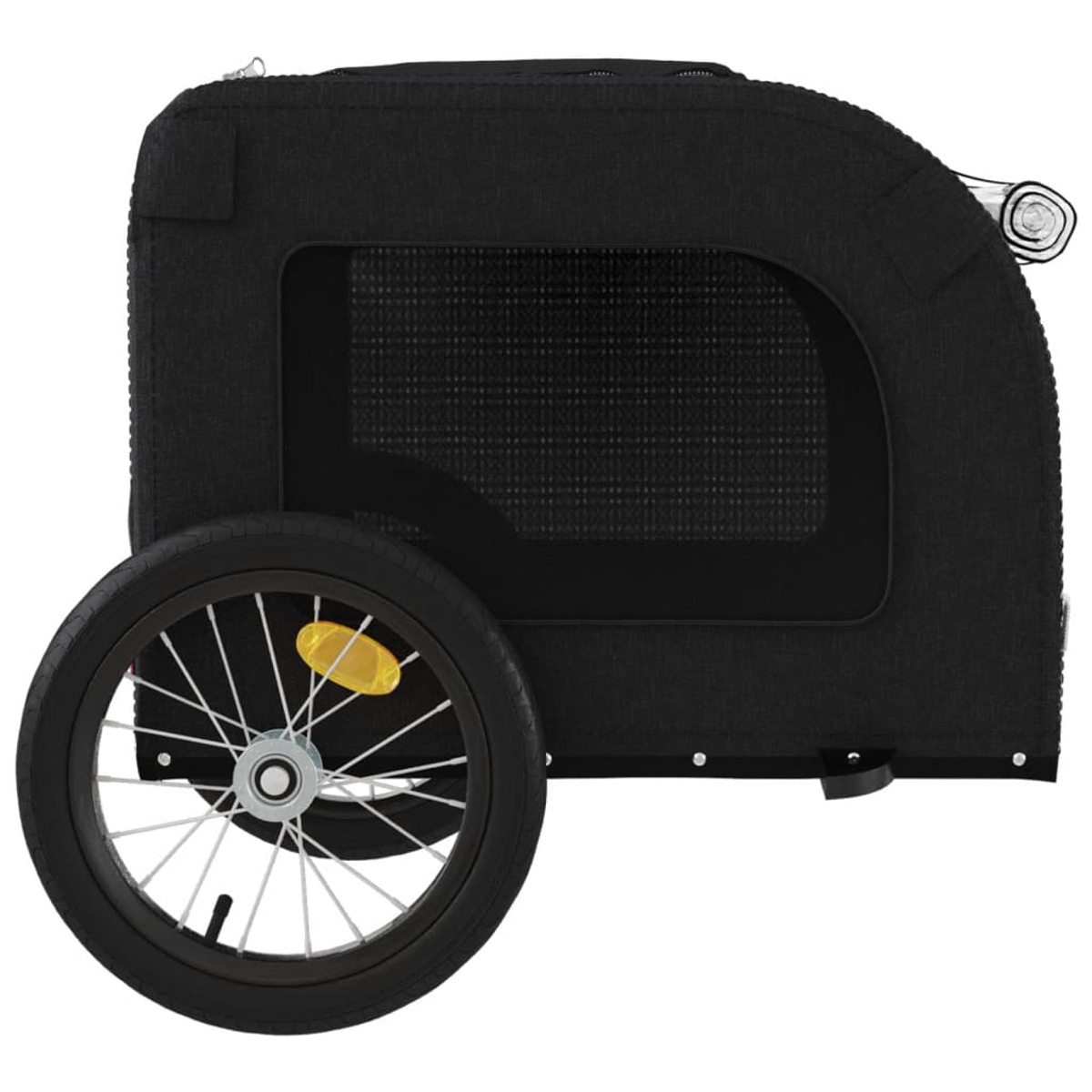 Schwarzer Fahrradanhänger mit einem Rad und getöntem Fenster.