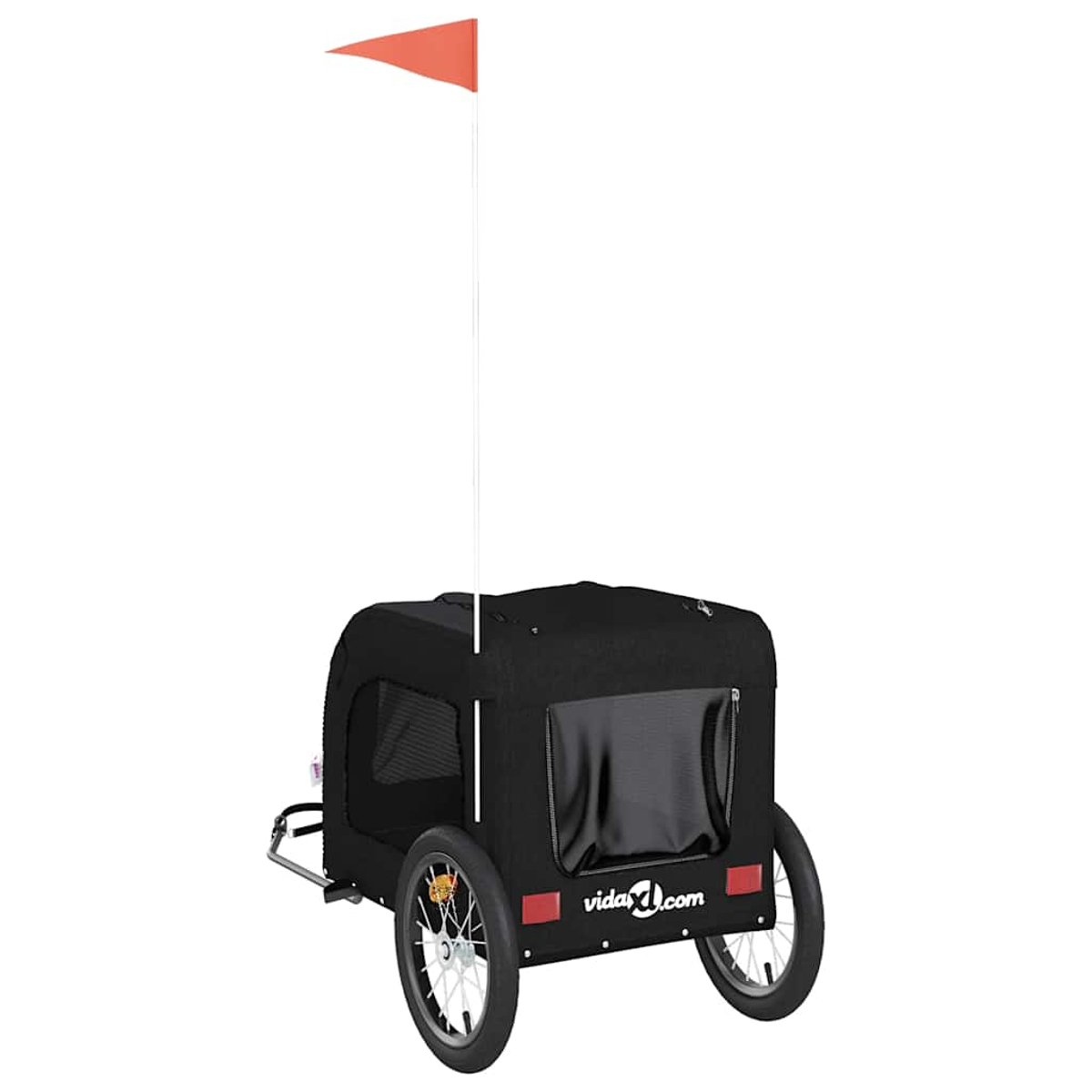 Schwarzer Fahrradanhänger mit Netzfenstern und orangefarbener Fahne.