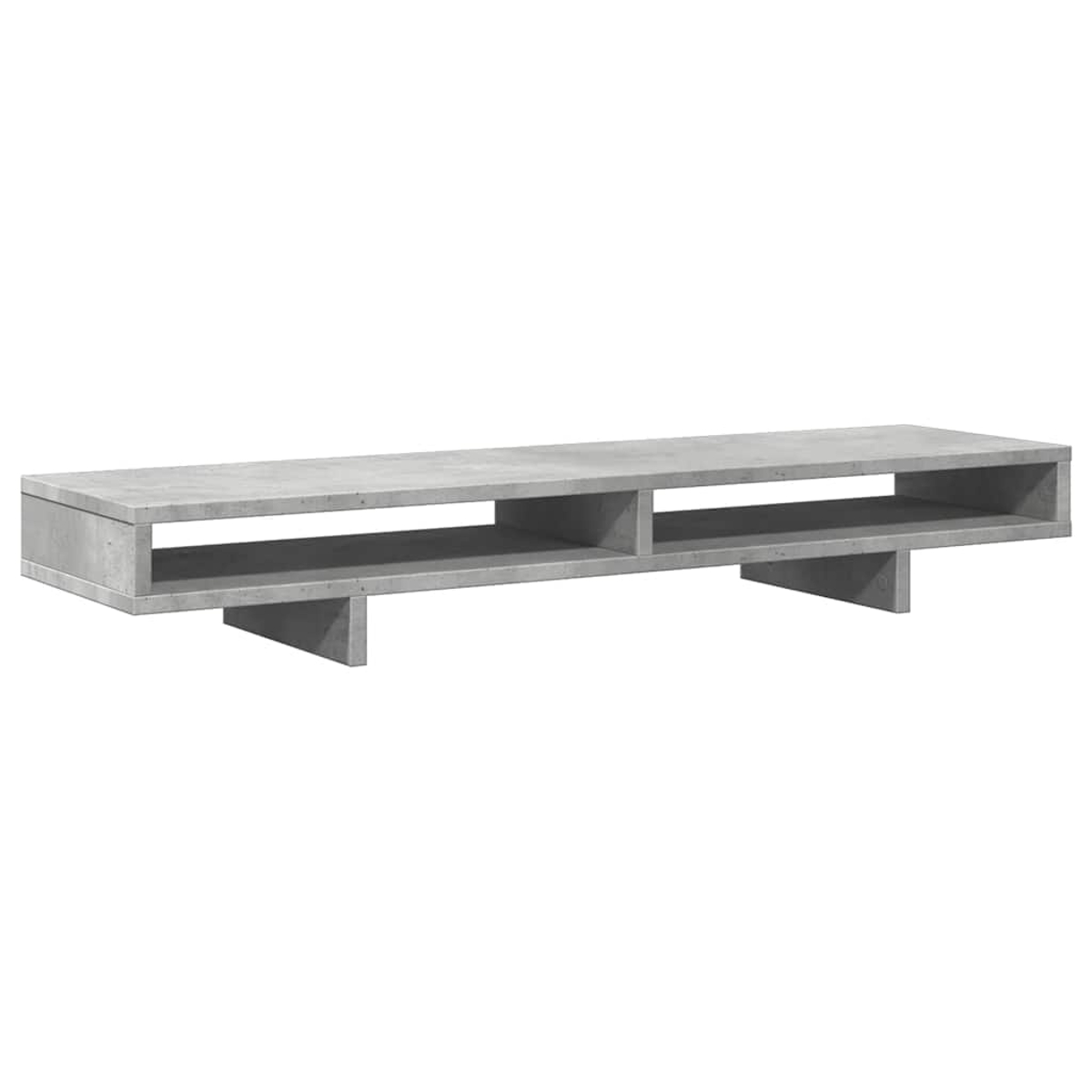 Grauer Beton-TV-Schrank mit zwei offenen Fächern und zwei Stützen.