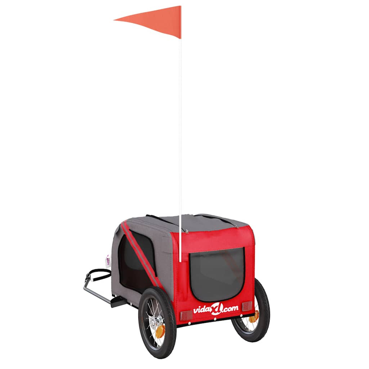 Roter und grauer Anhänger mit Flagge auf weißem Hintergrund.