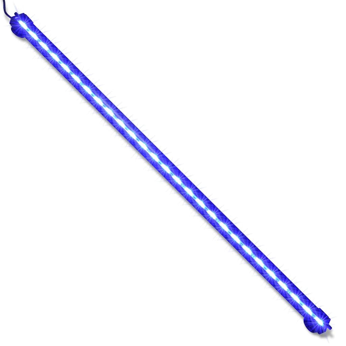 Ein langer, blauer LED-Streifen mit vielen Lichtern auf weißem Hintergrund.