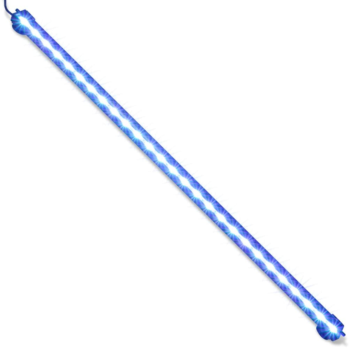 Ein langer, schlanker blauer LED-Streifen auf weißem Hintergrund.