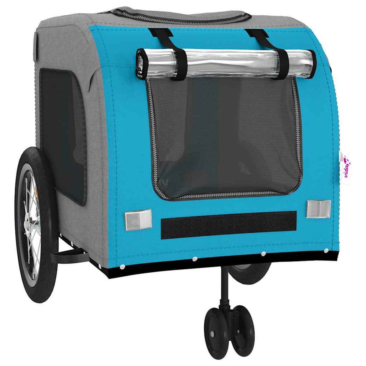 Ein blauer und grauer Hundeanhänger mit zwei Rädern und einem Stützrad vorne.