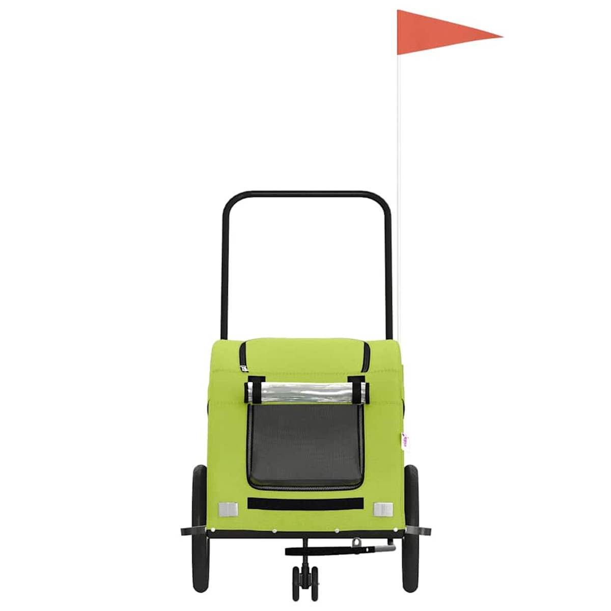 Ein hellgrüner Kinderwagen mit Fenster und orangefarbener Fahne.
