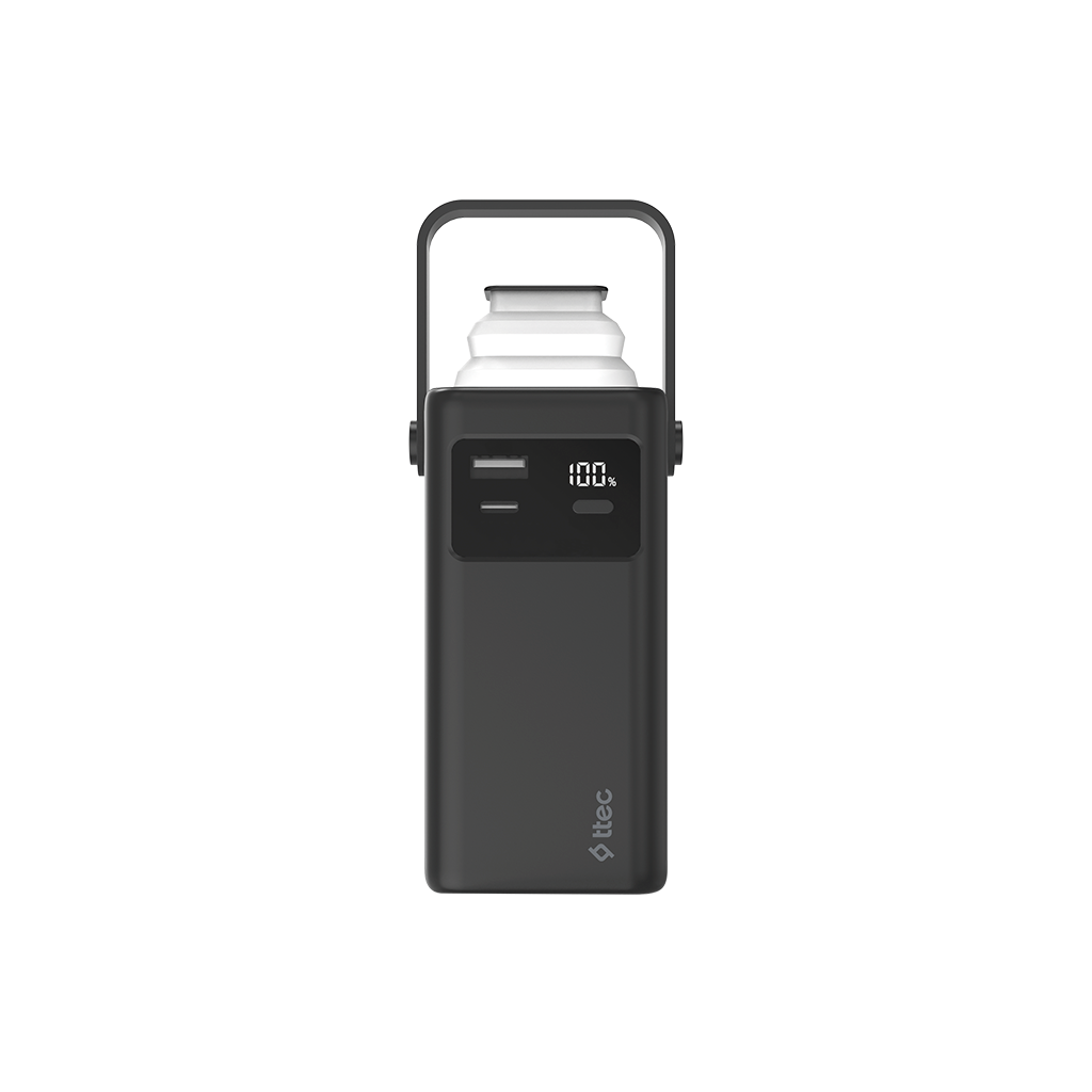 Siyah powerbank, taşıma kolu ve %100 pil göstergesi.