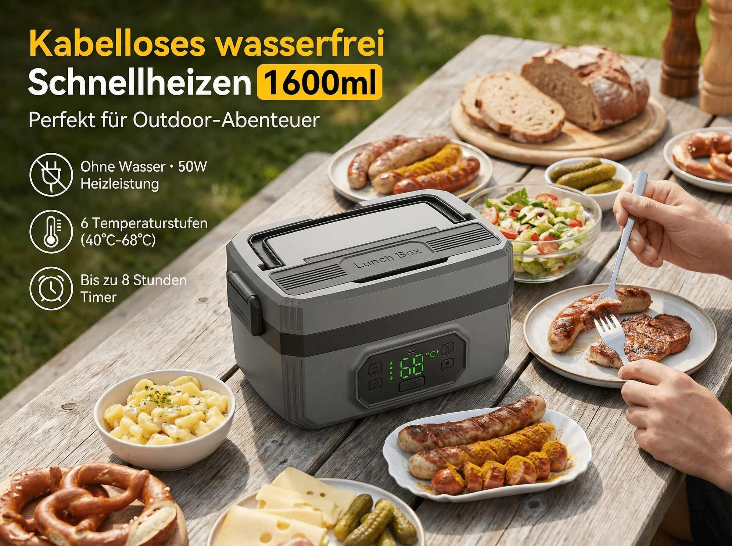 Eine Lunchbox mit Essen auf einem Holztisch im Freien. Enthält Würstchen, Brot, Salat und Kartoffeln.