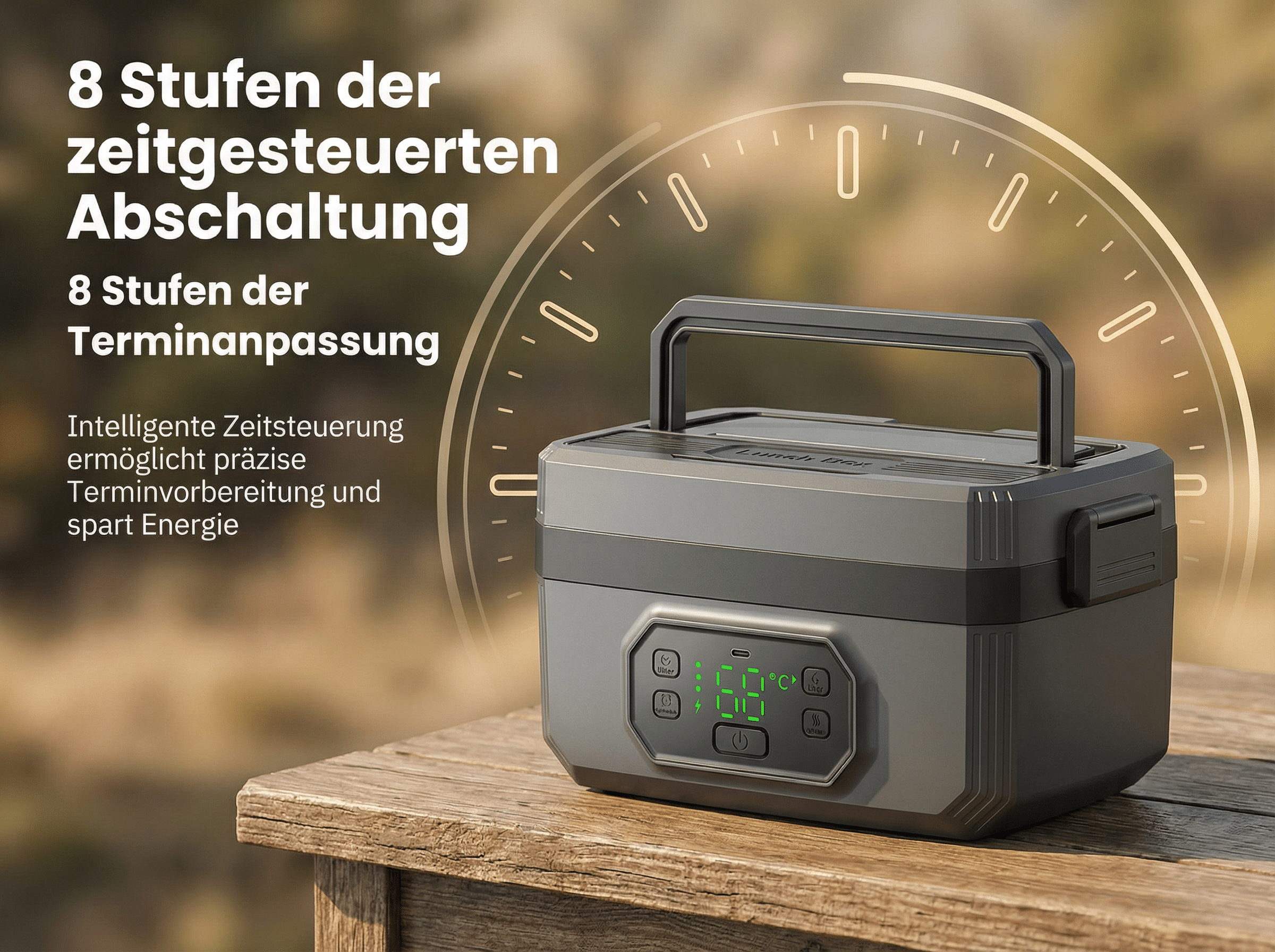 Grauer Timer mit digitaler Anzeige auf Holztisch, mit Uhr-Grafik im Hintergrund.