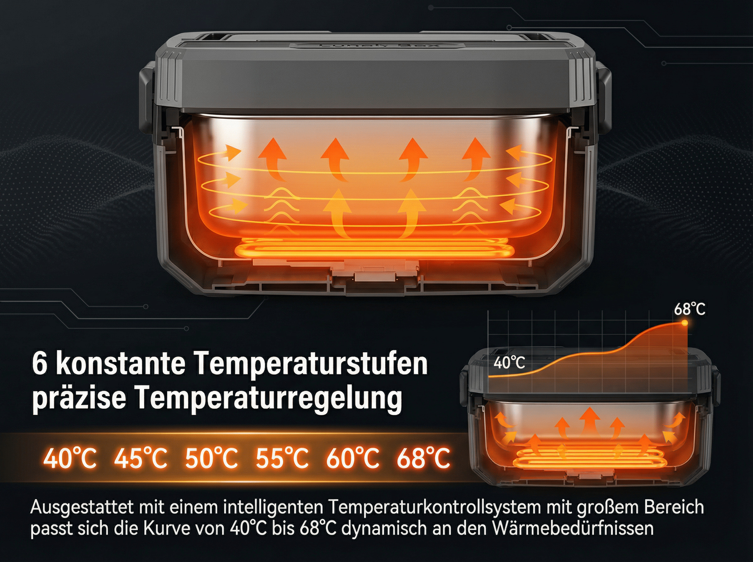 Ein Lunchbox-Detail mit Heizspirale, orangefarbenen Pfeilen und Temperaturdiagramm.