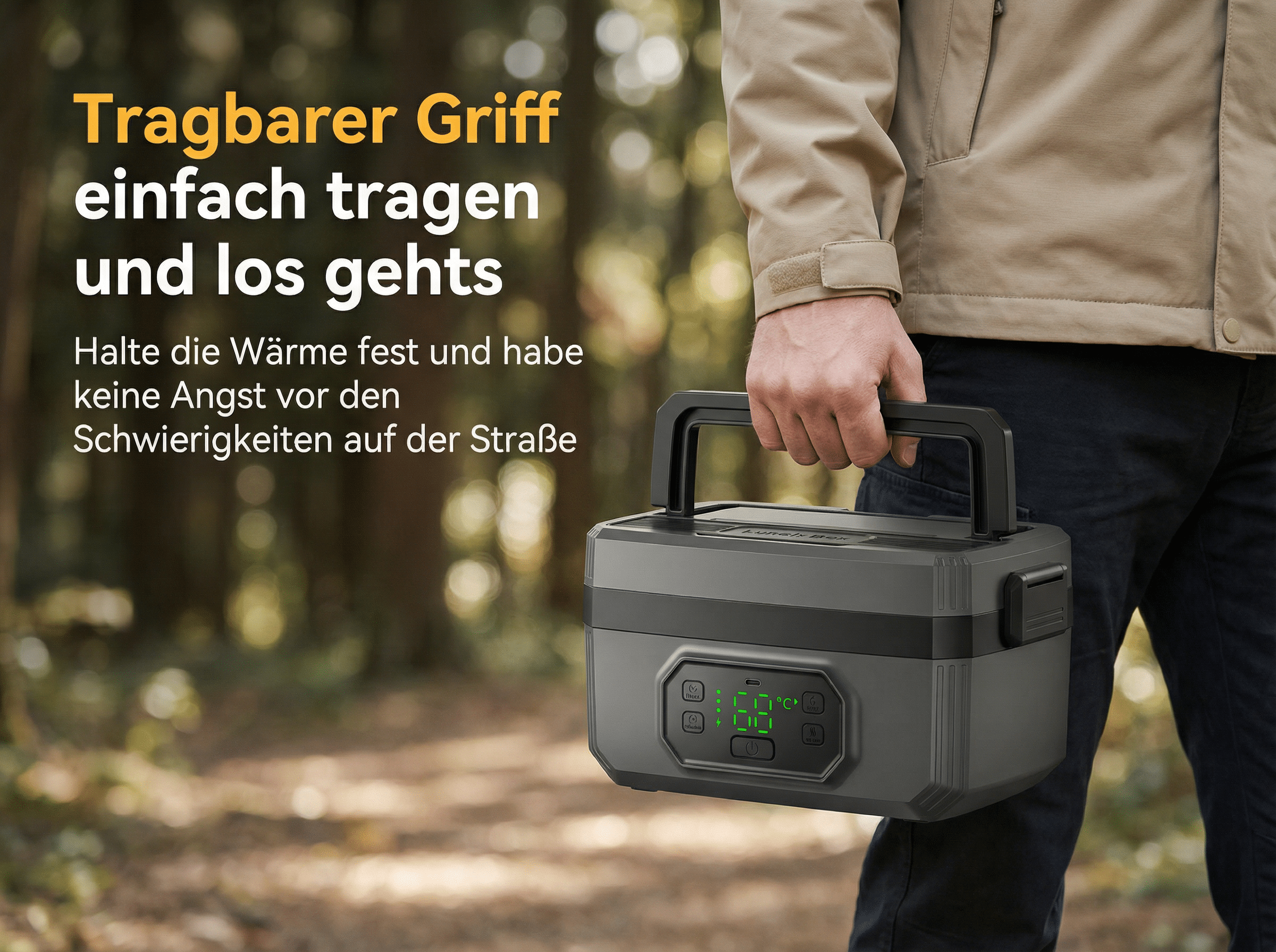 Mann trägt eine graue Kühlbox mit Griff im Wald. Digitale Anzeige sichtbar.