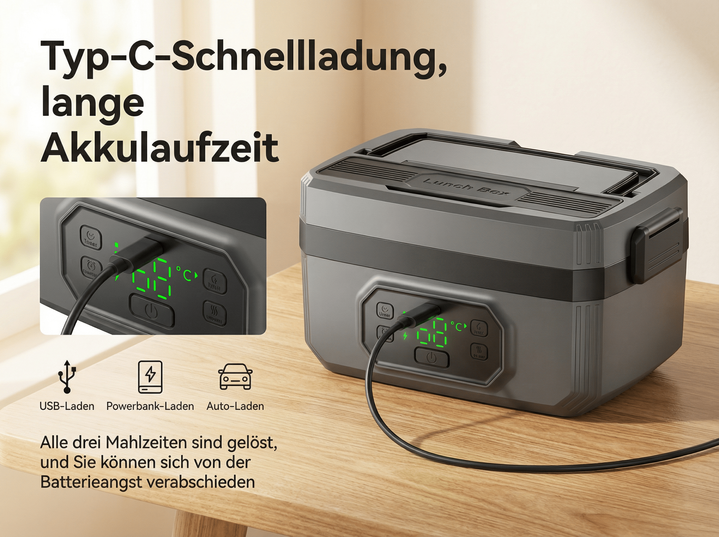 Grauer Lunchbox mit Anzeige, USB-C-Laden und drei Ladeoptionen.