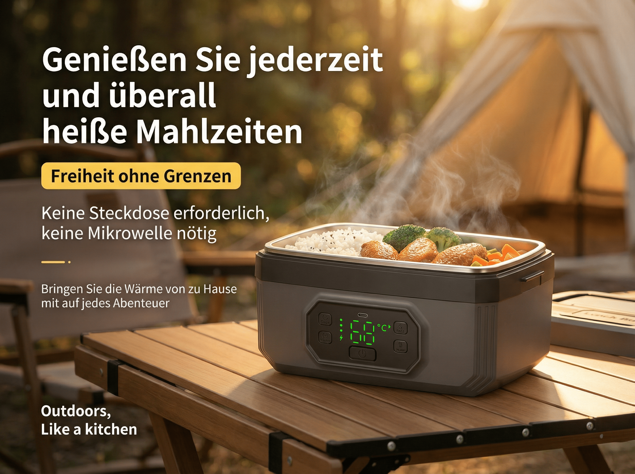 Ein tragbarer Lunchbox mit dampfendem Essen auf einem Holztisch im Freien.