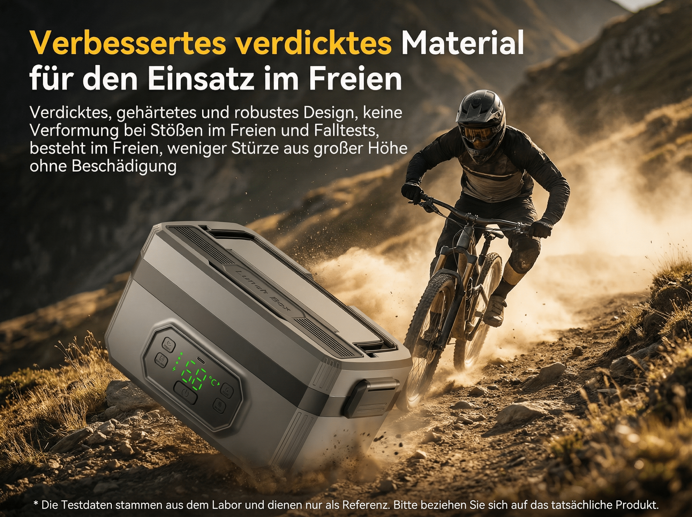 Ein Mountainbiker fährt auf staubiger Strecke, neben ihm eine robuste Kühlbox.
