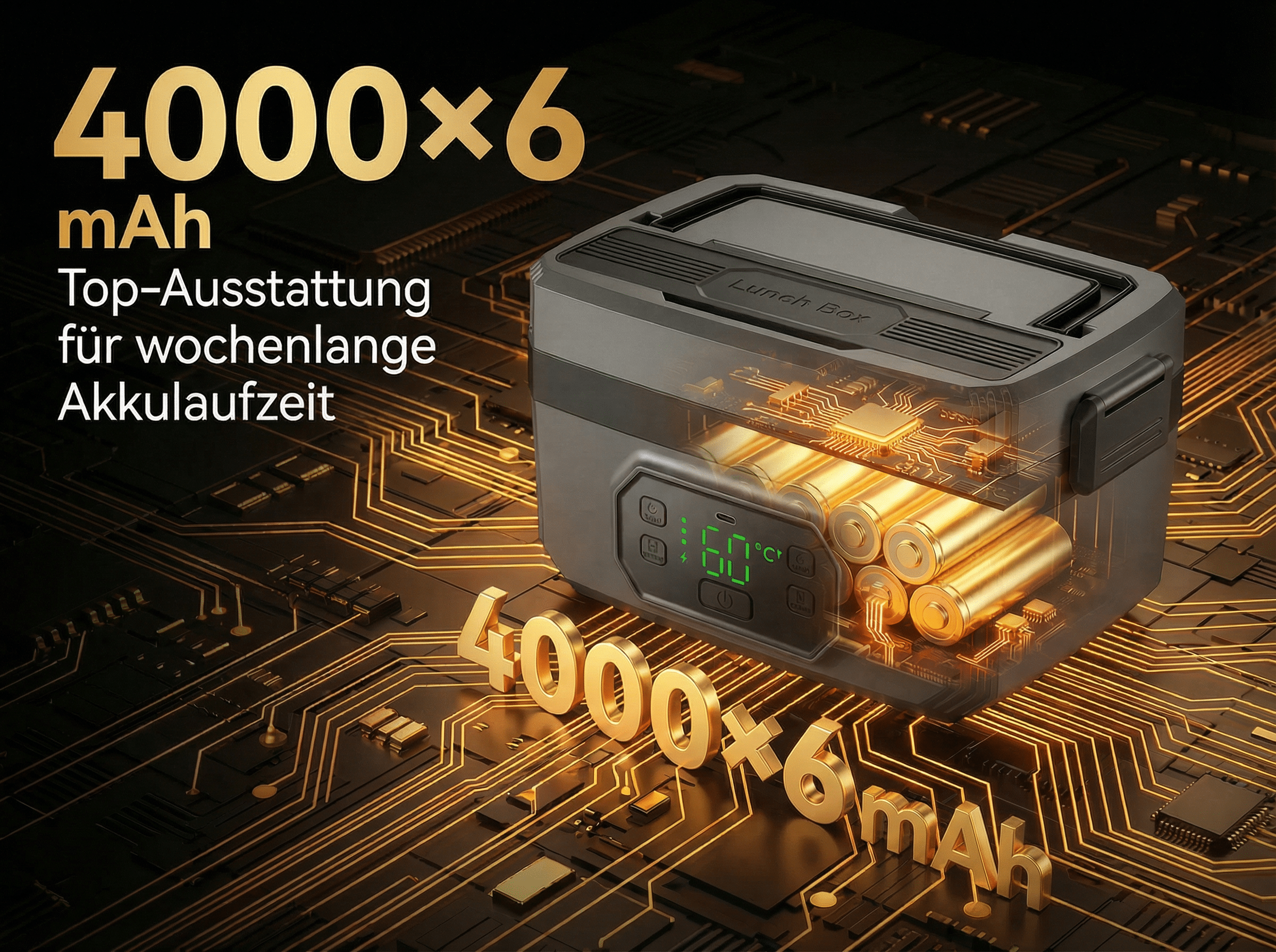 Ein Lunchbox-Design mit Batterien und Leiterplatten-Motiv. 4000x6 mAh.