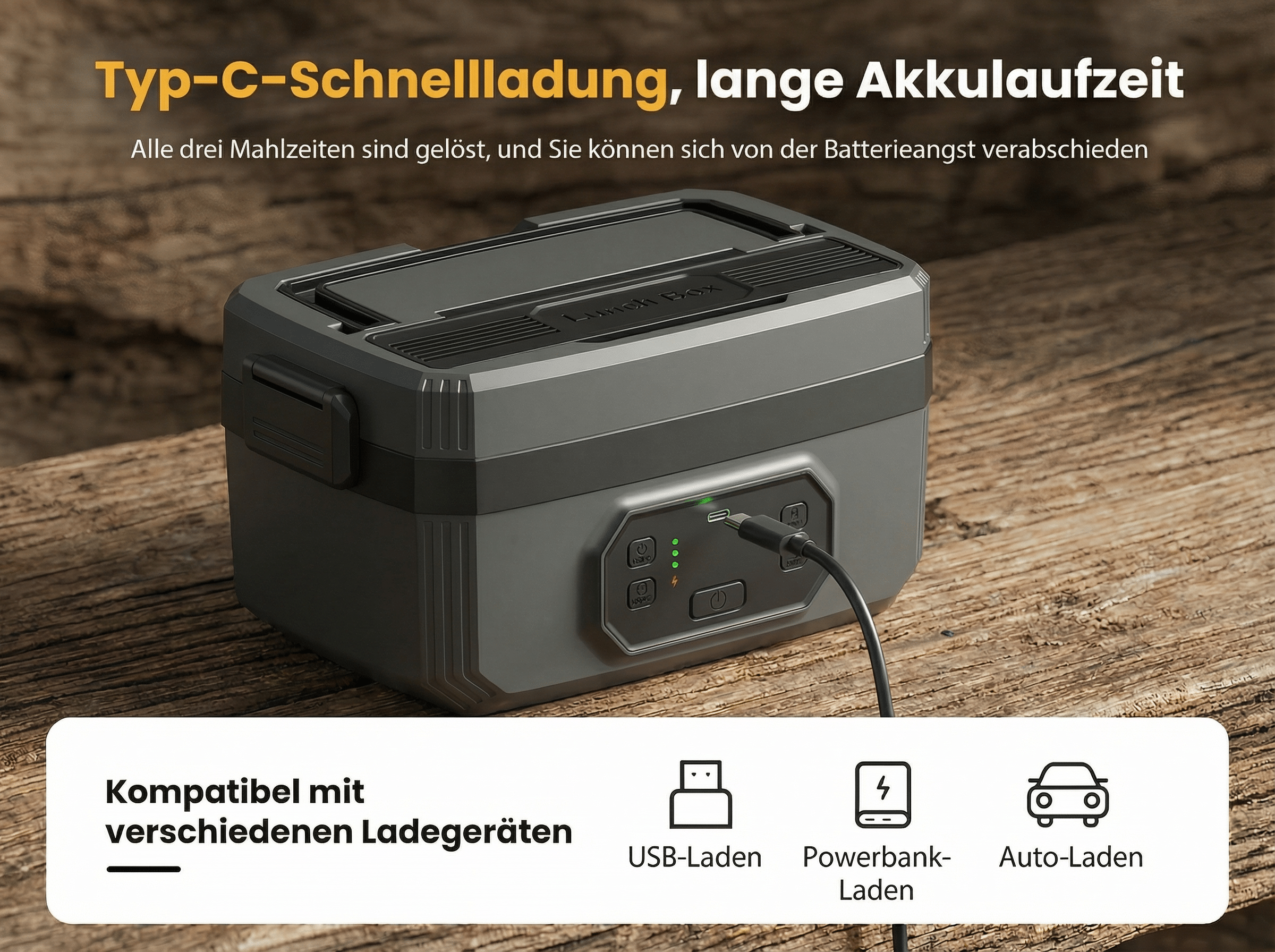 Graue Lunchbox mit USB-C Ladekabel, auf Holzoberfläche.