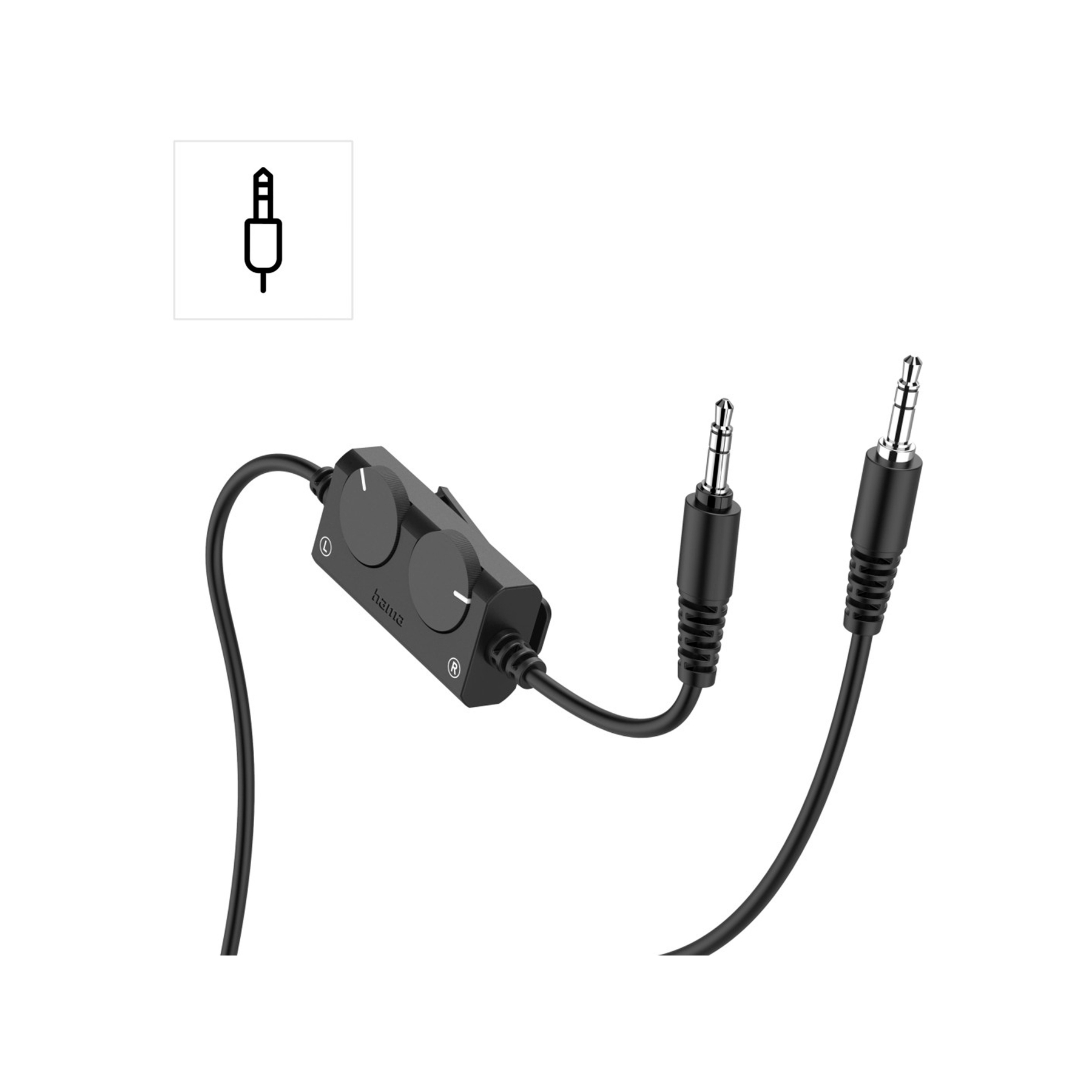 Adaptateur de câble audio noir avec deux fiches jack et molettes de volume.