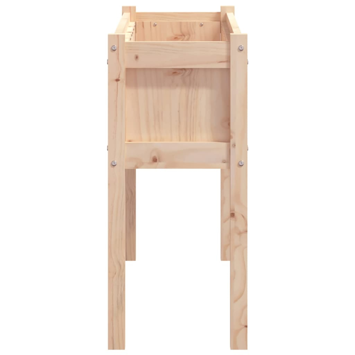Ein unbehandelter Holzkasten auf vier Beinen, von der Seite gesehen.