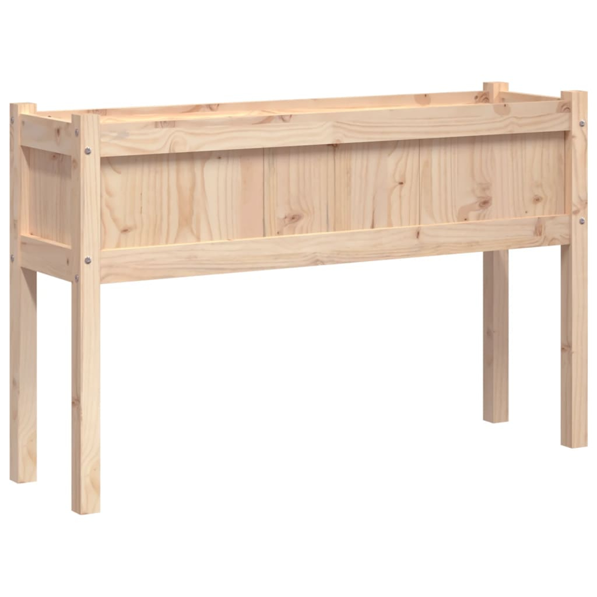 Ein unbehandeltes Holzhochbeet mit vier Beinen, auf weißem Hintergrund.