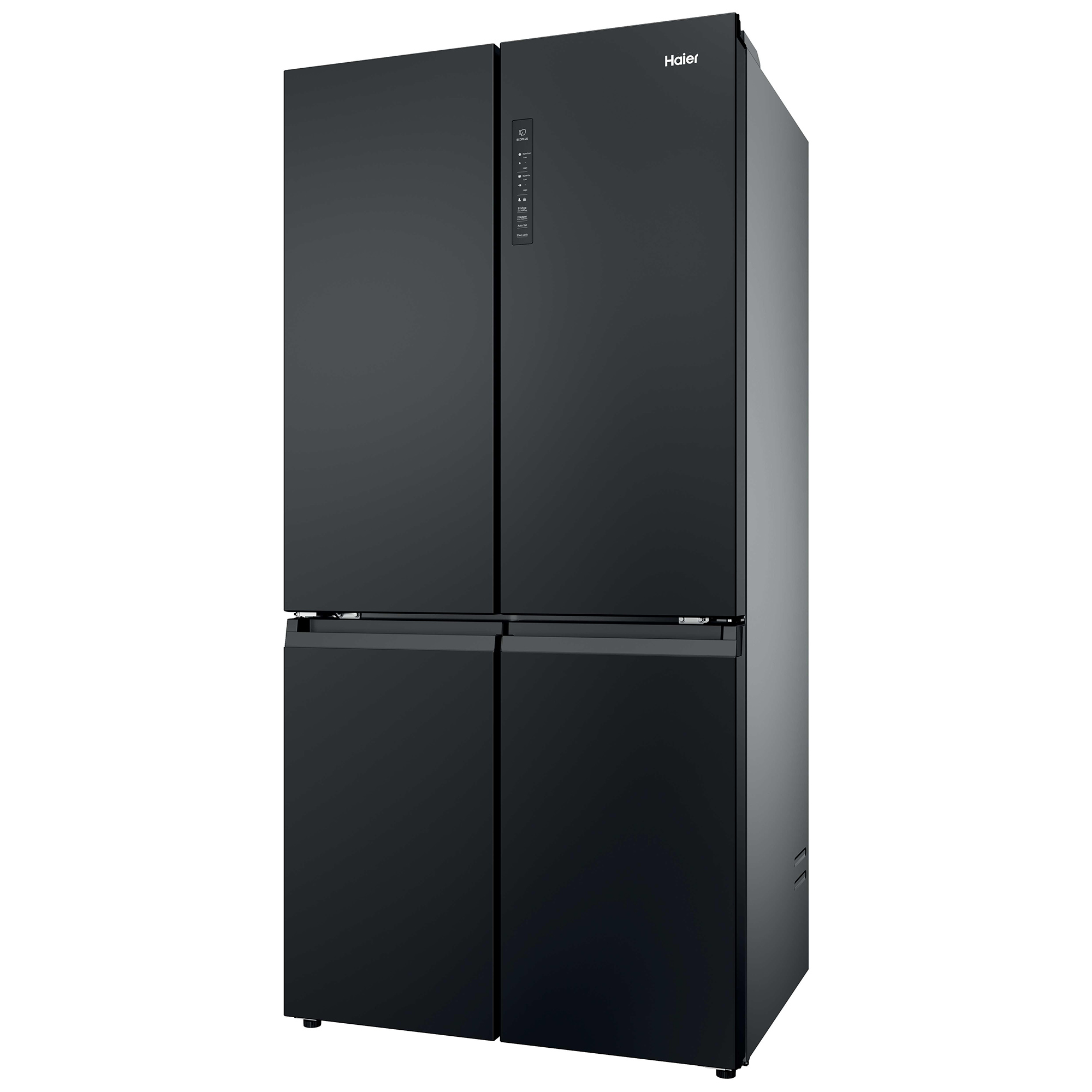 Ein moderner schwarzer Haier-Kühlschrank mit vier Türen und einem Touch-Bedienfeld an der rechten Tür.