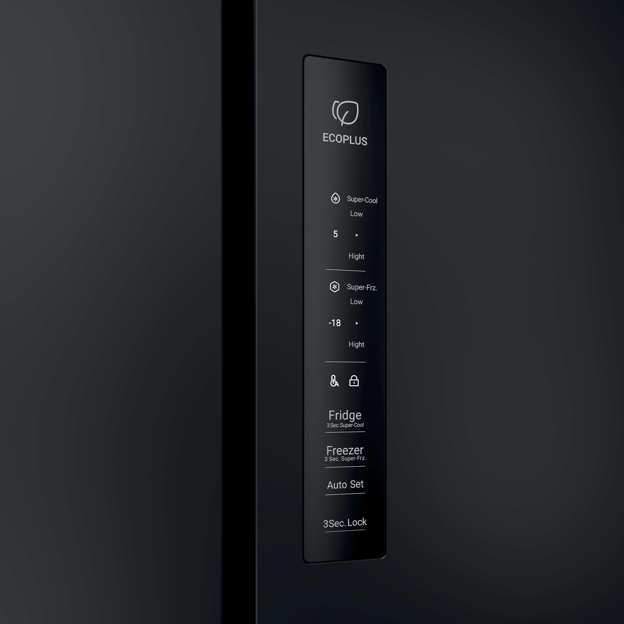 Das Display eines schwarzen Kühlschranks mit ECOPLUS-Logo und Bedienelementen.