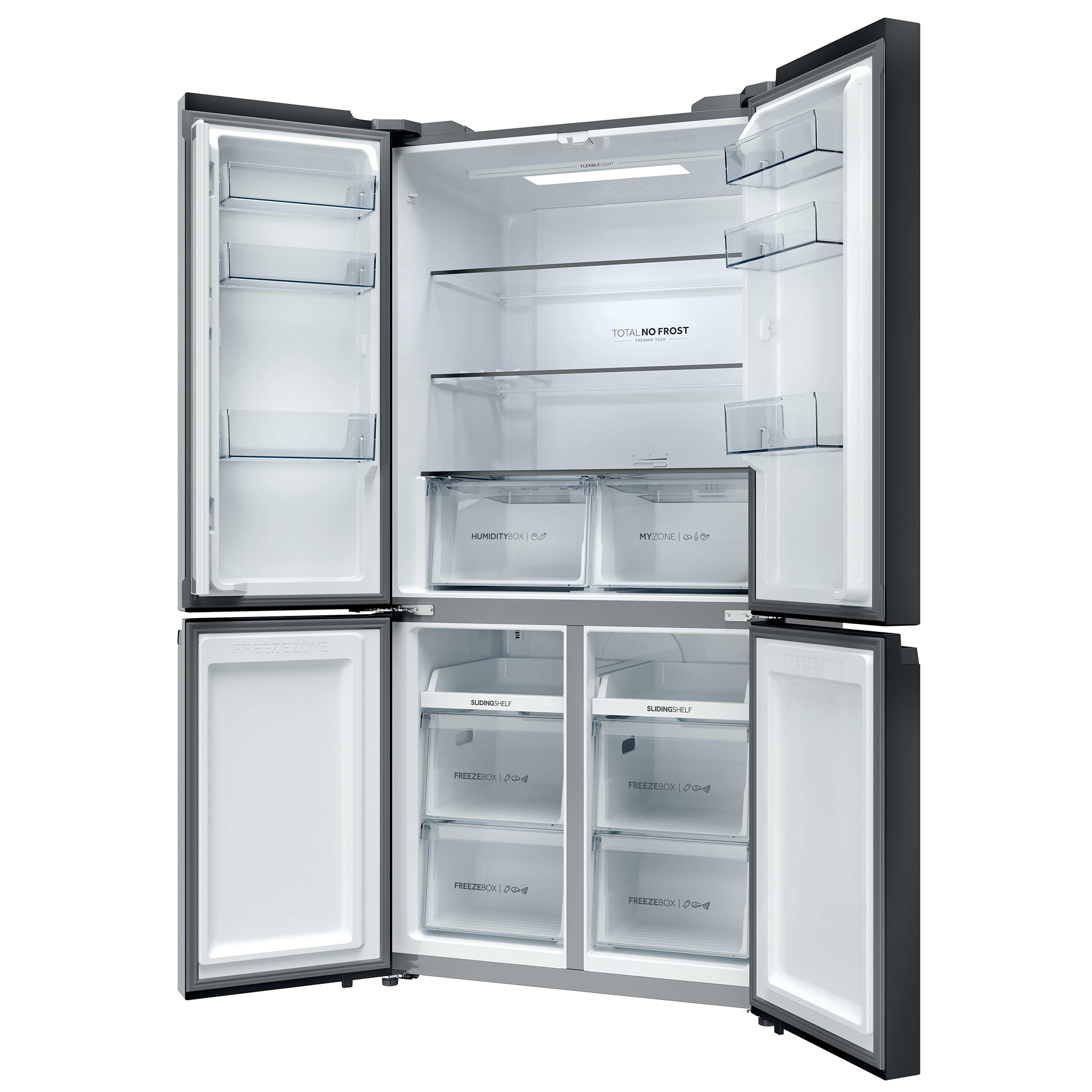 Ein offener Kühlschrank mit vier Türen, leer und sauber, mit Regalen und Schubladen.