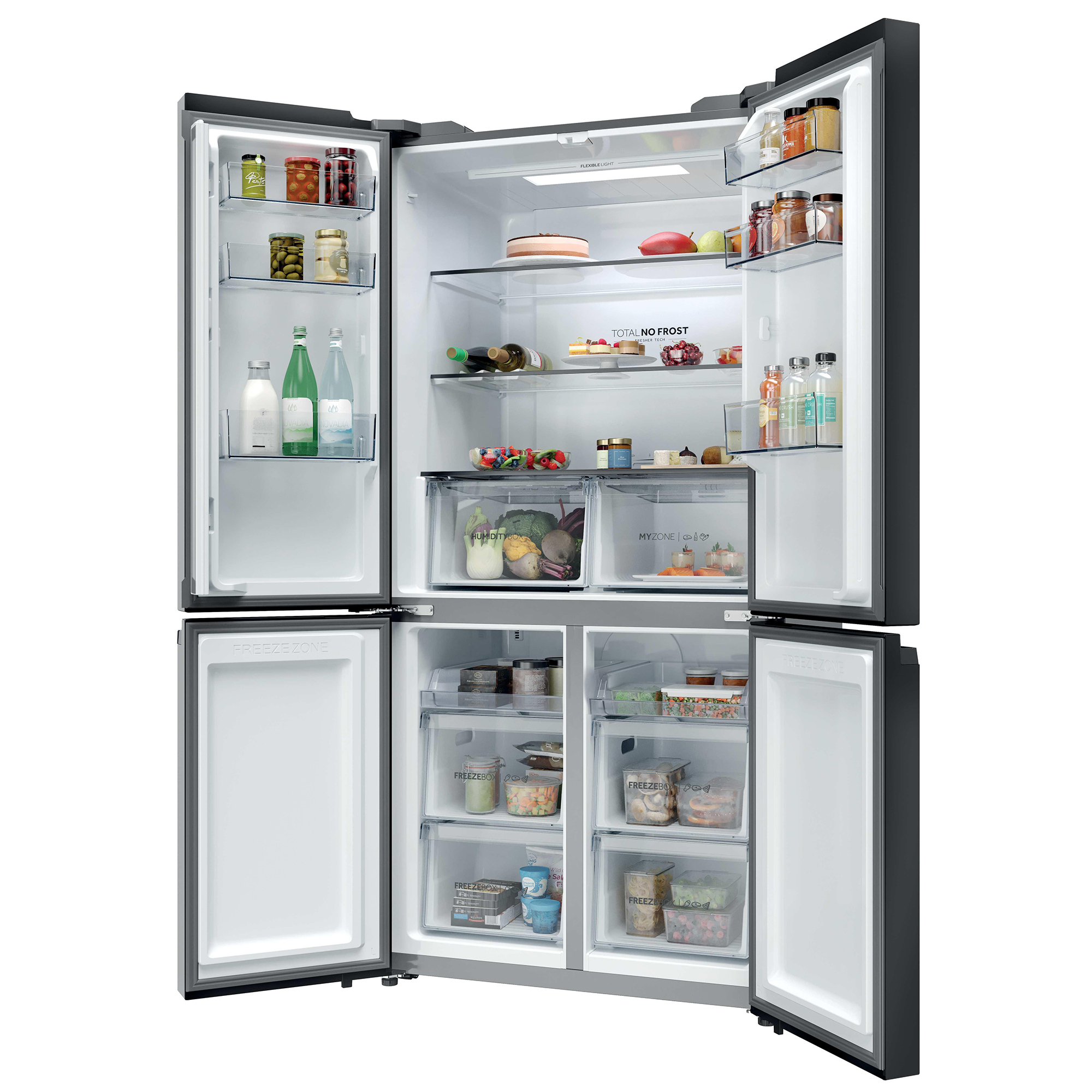 Ein offener Kühlschrank mit Lebensmitteln, gefüllt mit Gläsern, Flaschen, Obst, Gemüse und gefrorenen Lebensmitteln.