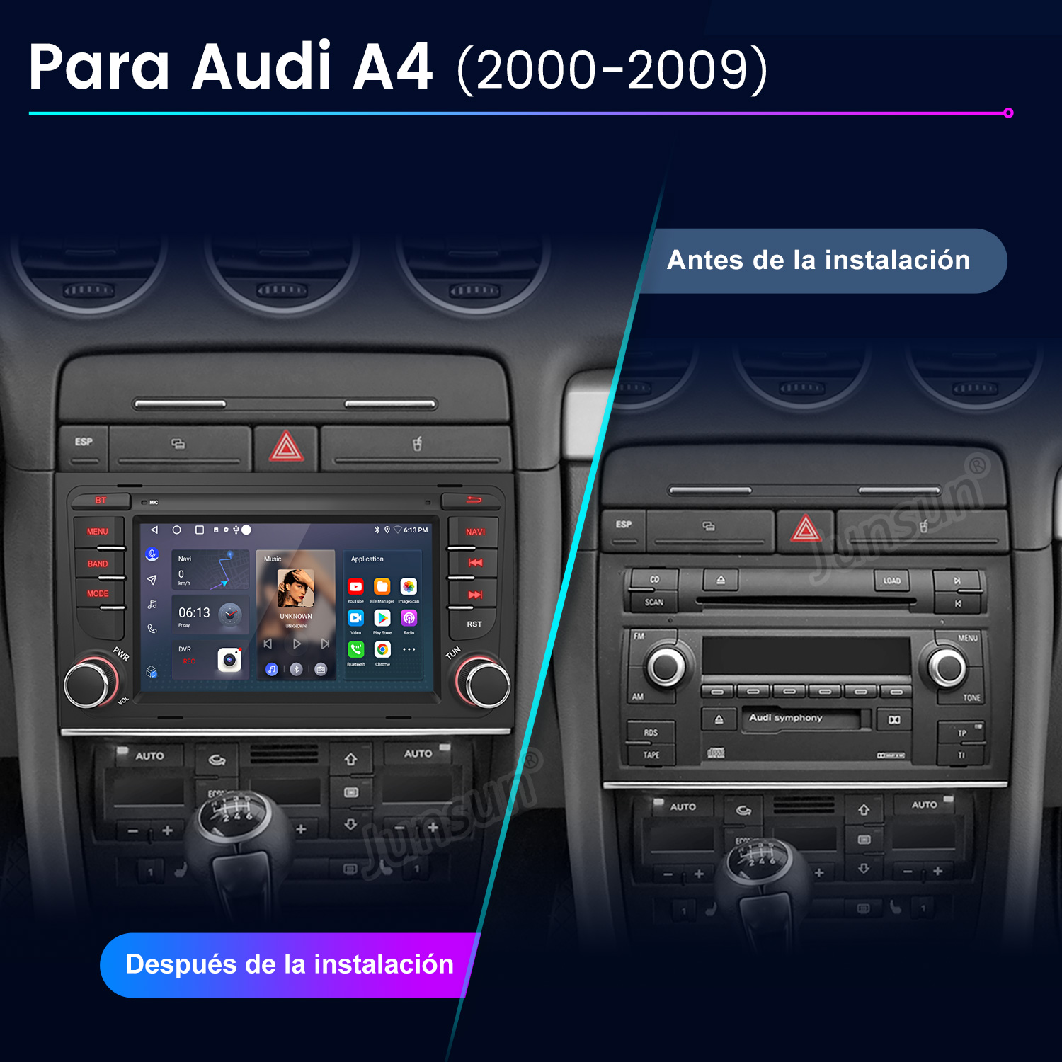 Comparación antes y después del salpicadero de un Audi A4 con radio de coche.