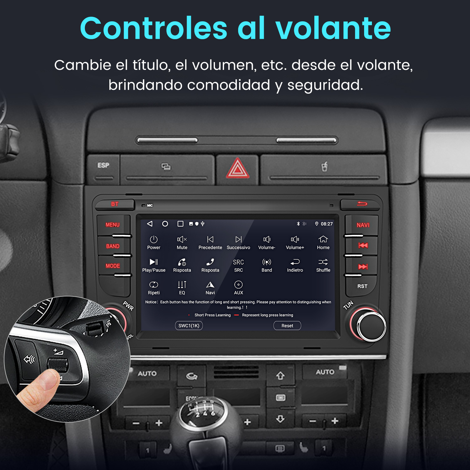 Controles del volante de un coche con radio táctil y palanca de cambios.