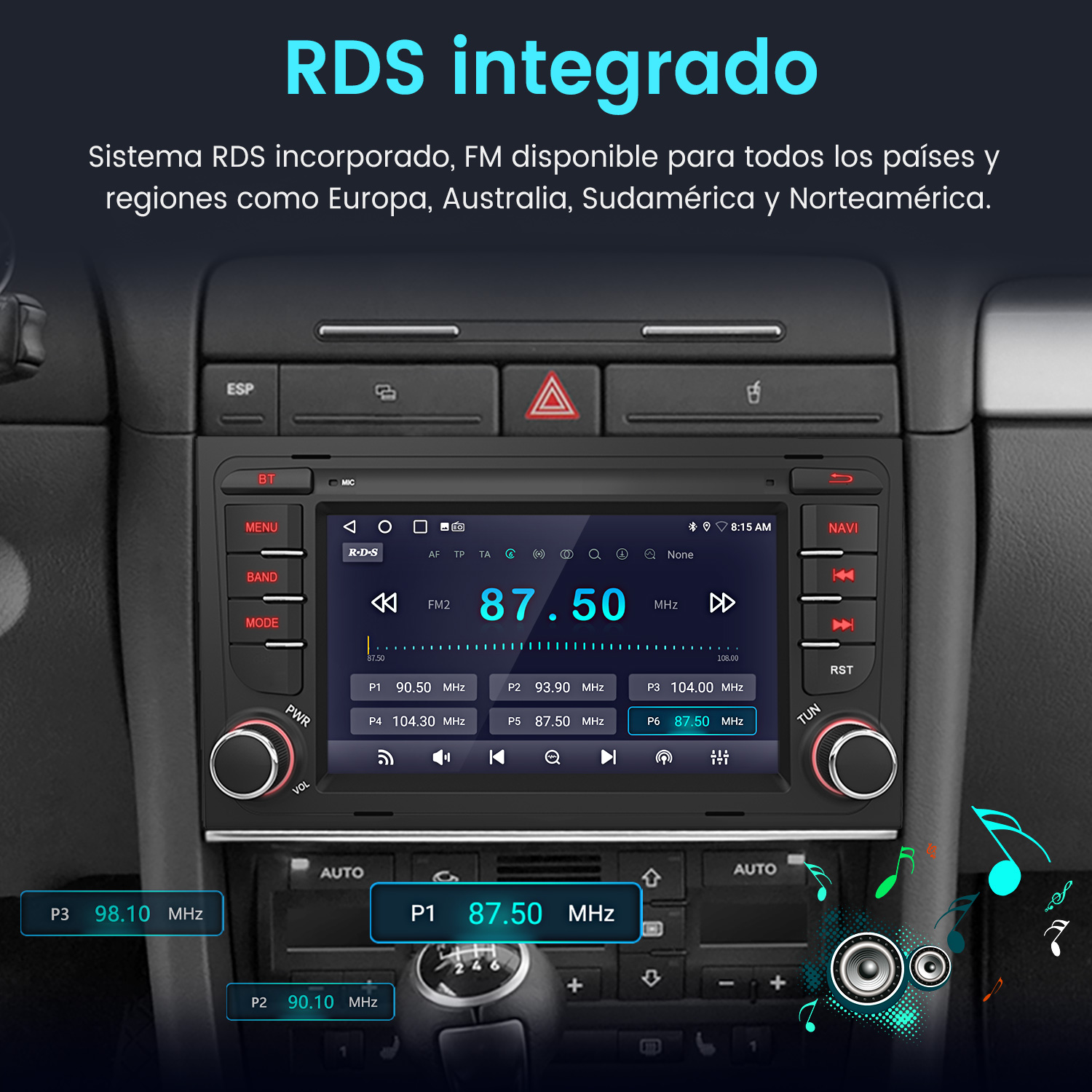 Pantalla de radio de coche muestra función RDS, frecuencias FM y emisoras. Palanca de cambios visible.
